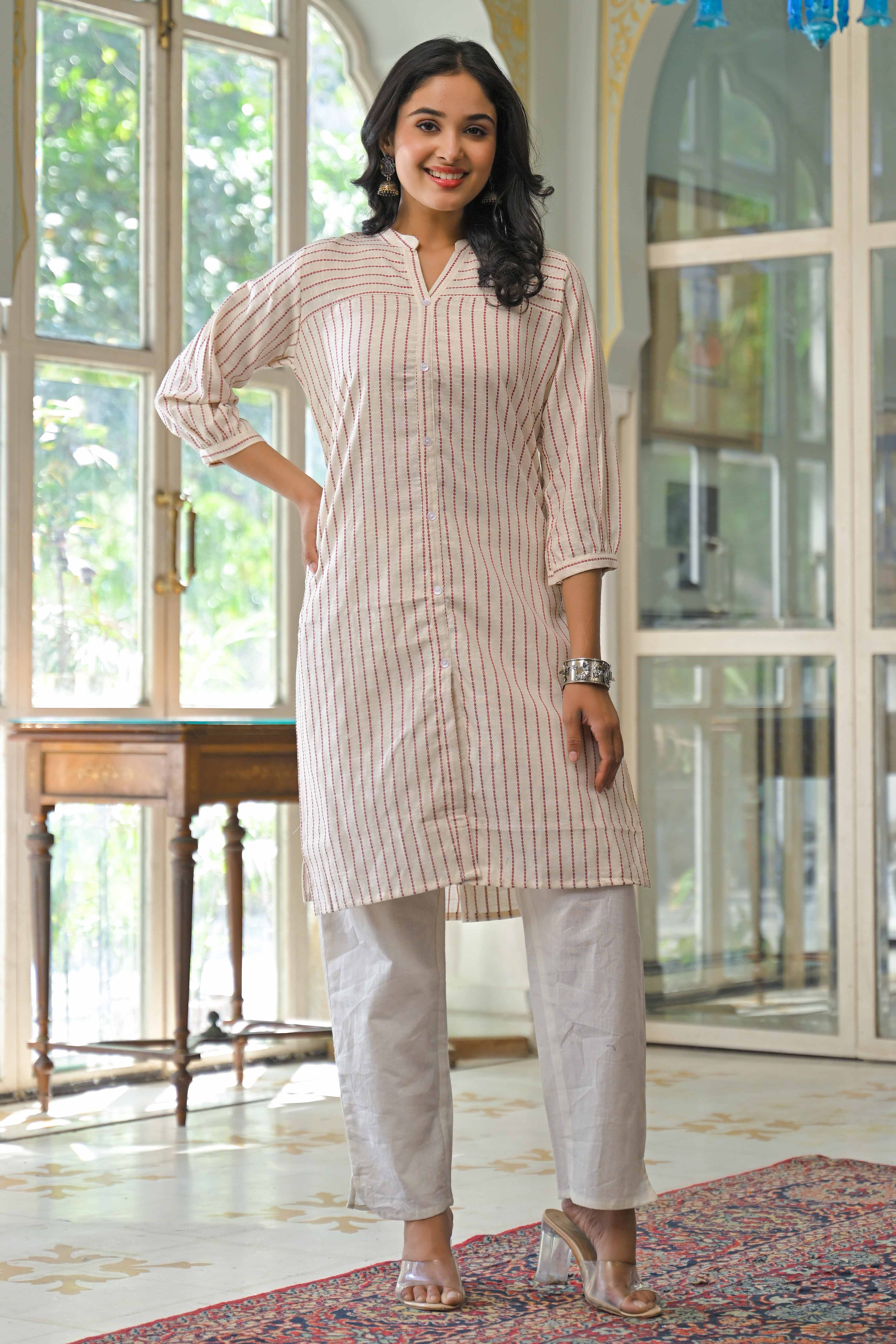 Offwhite Woven Pure Cotton Front Slit Kurti