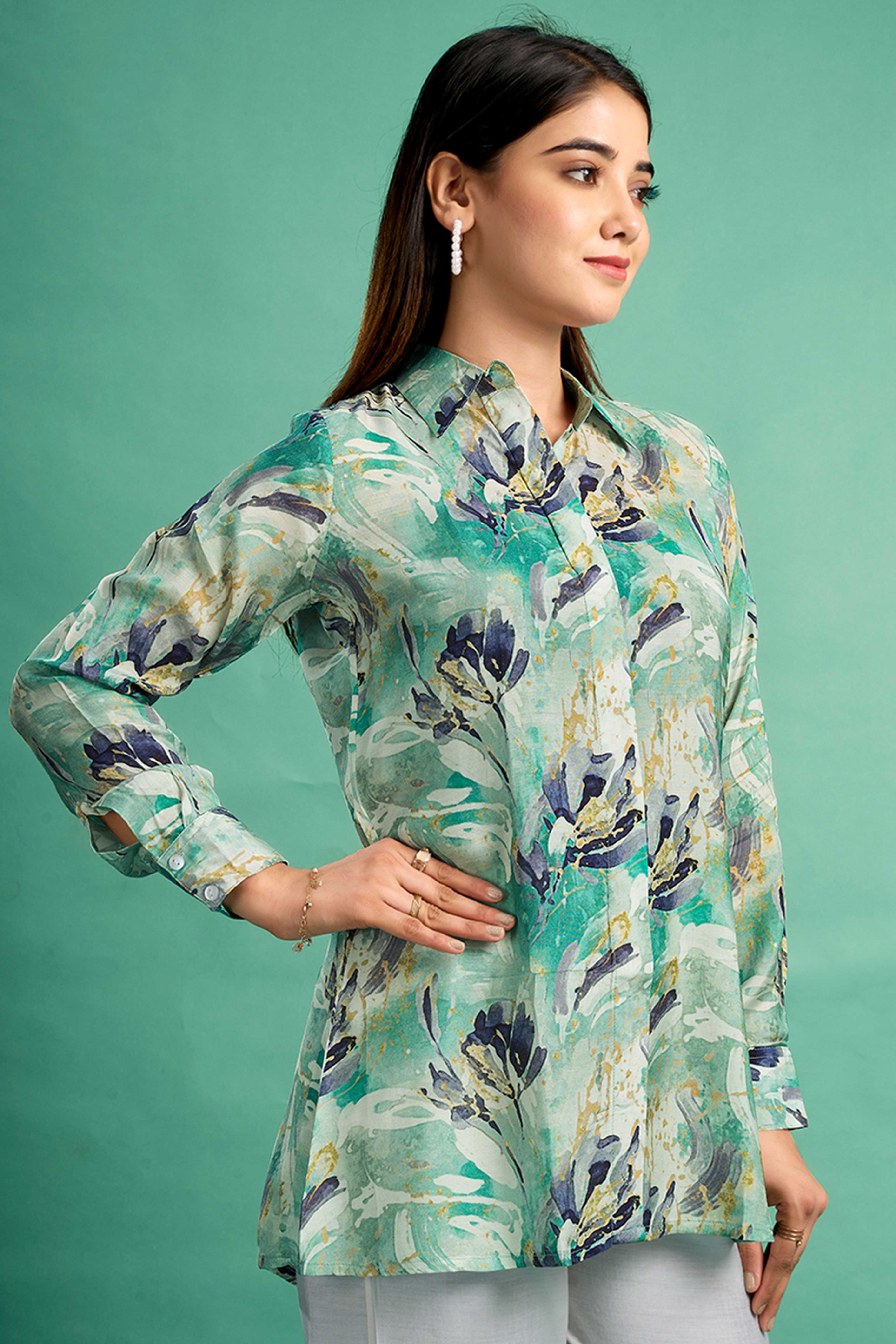 Sea Green Floral Printed Muslin Straight Top