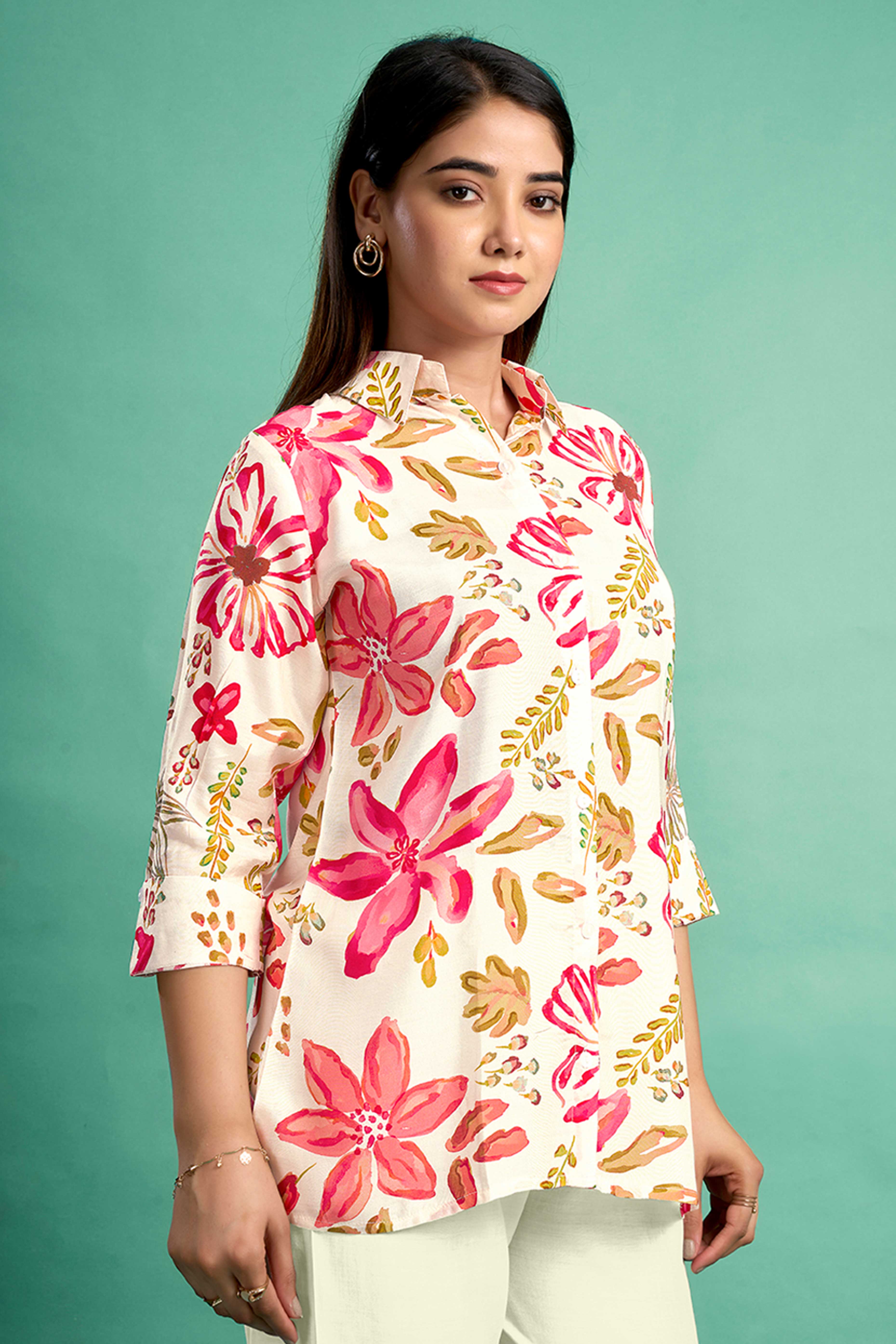 Cream & Pink Floral Printed Muslin Straight Top