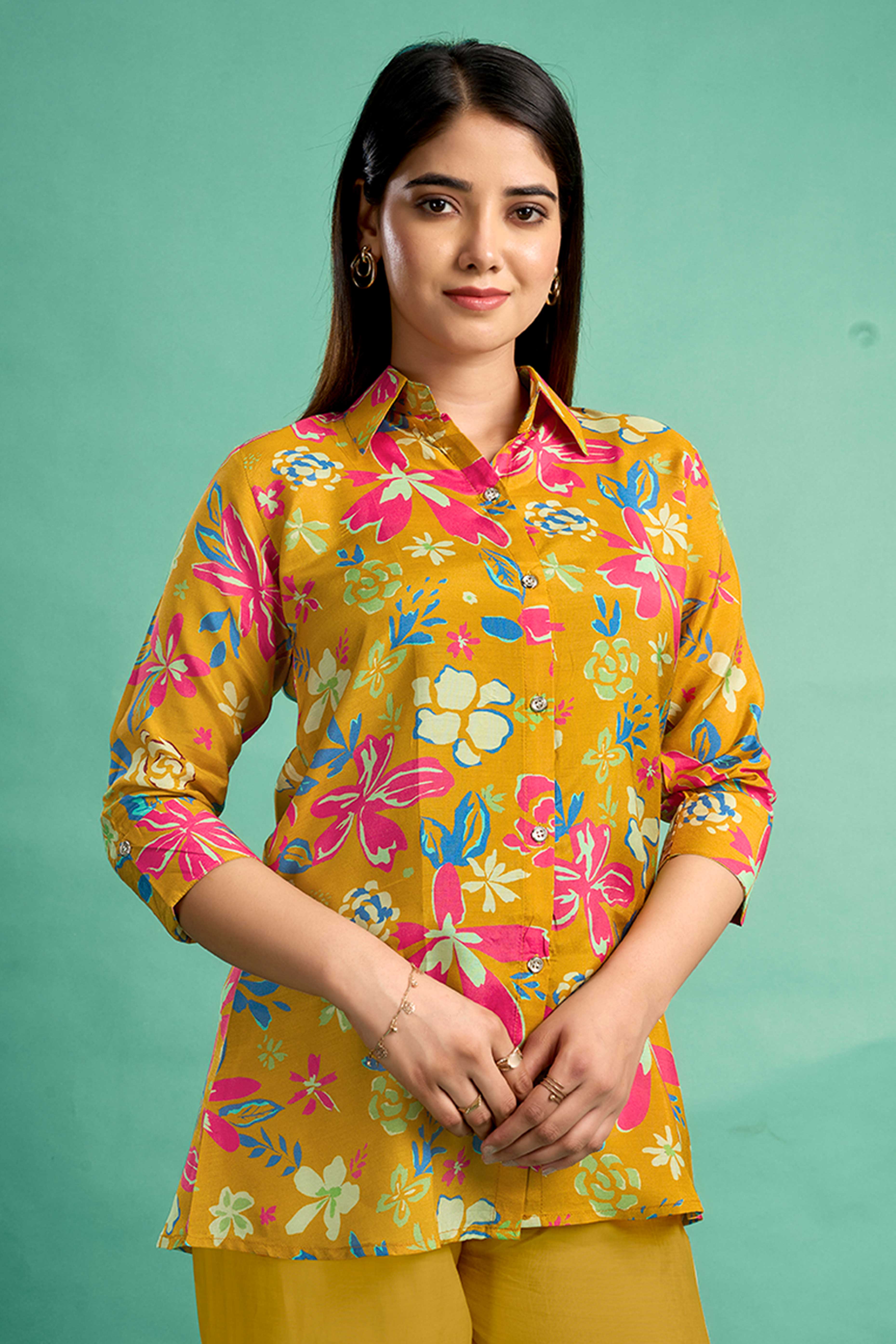 Brown Floral Printed Muslin Straight Top