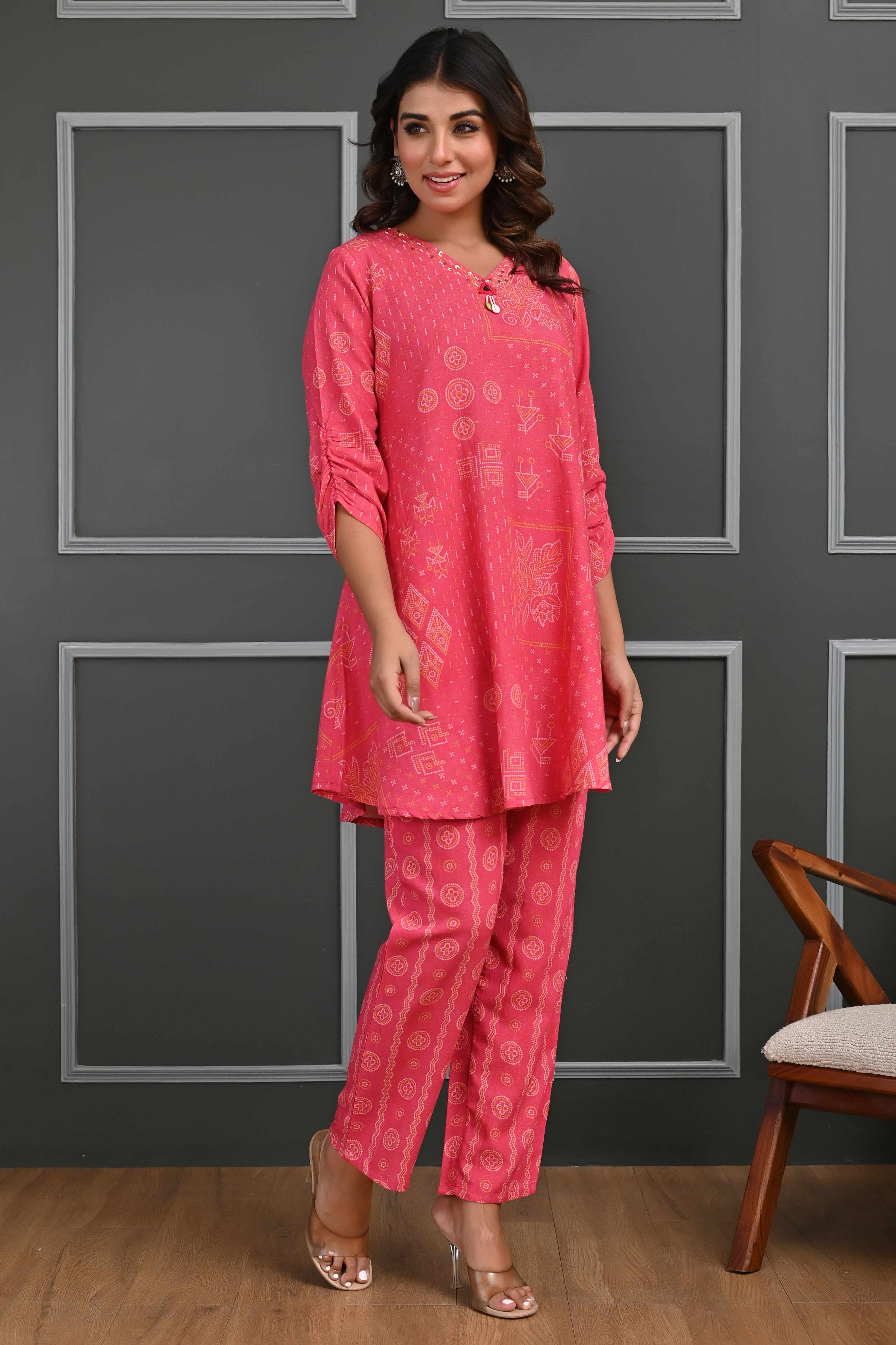 Festive-Ready Rani Pink Bandhani Printed Cotton Flex Straight Fit Co-Ord Set