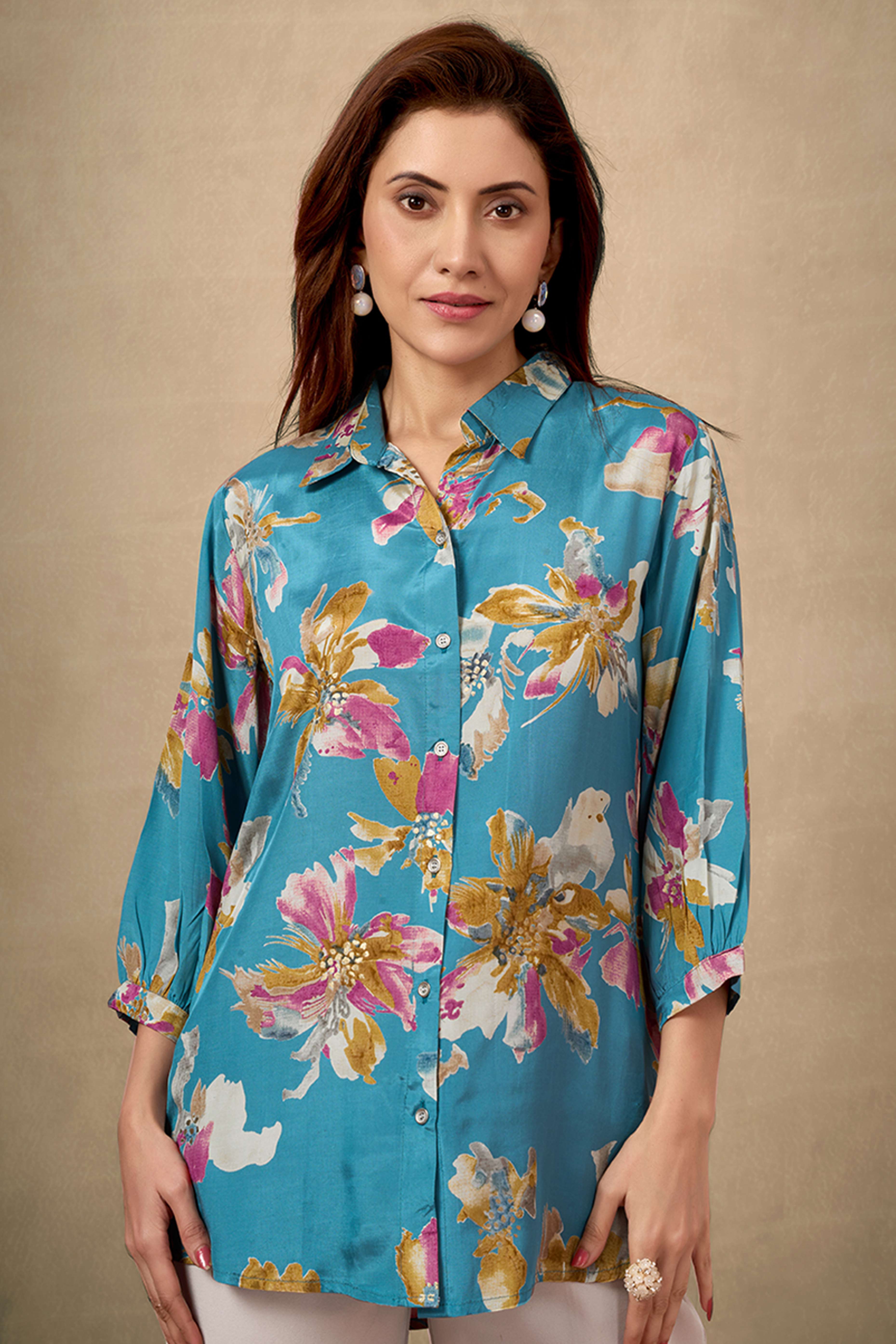 Turquoise Collar Neck Top in Lightweight Muslin with Delicate Floral Prints