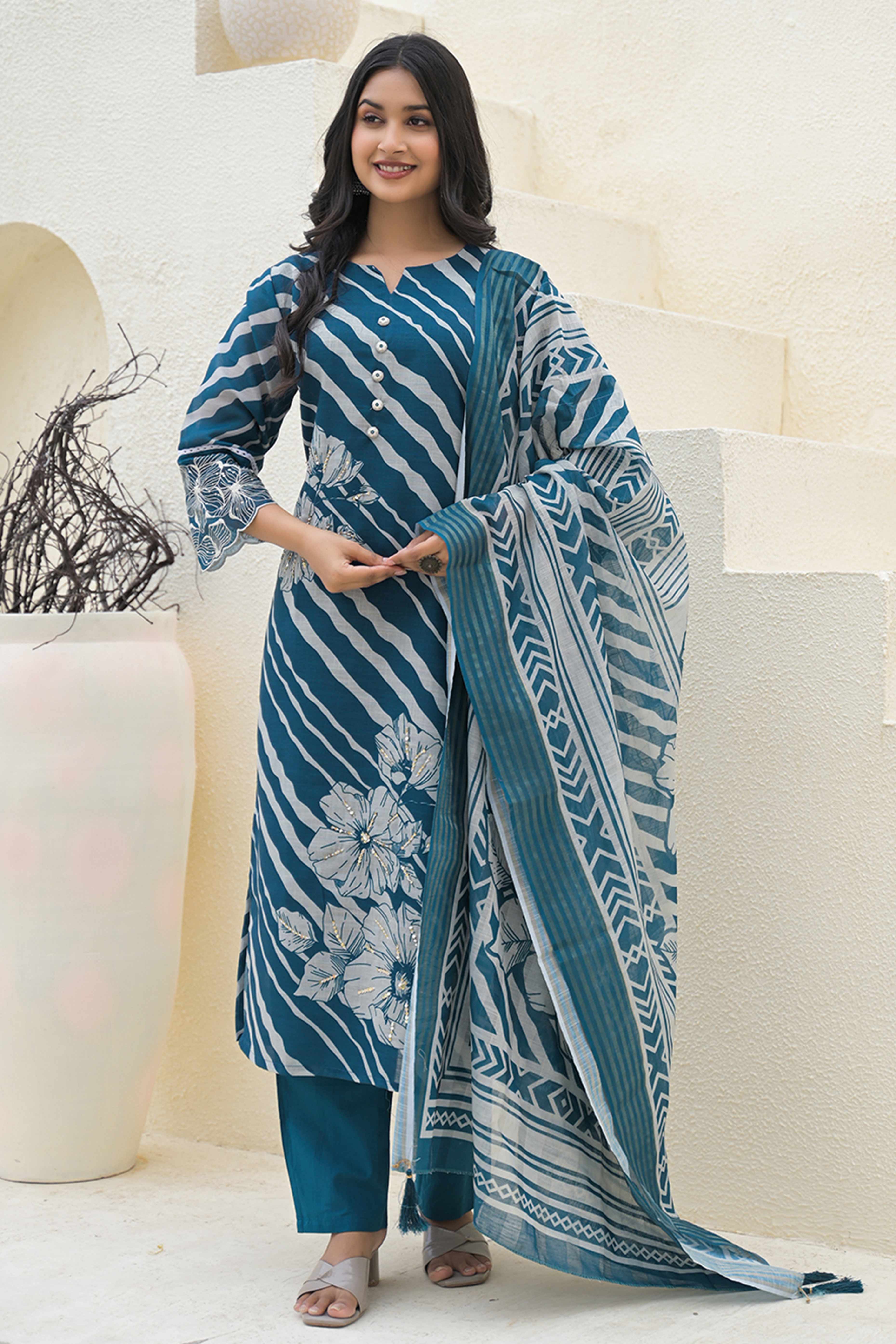 Modern Teal Linen Suit with Artistic Floral Print and Stone Accents