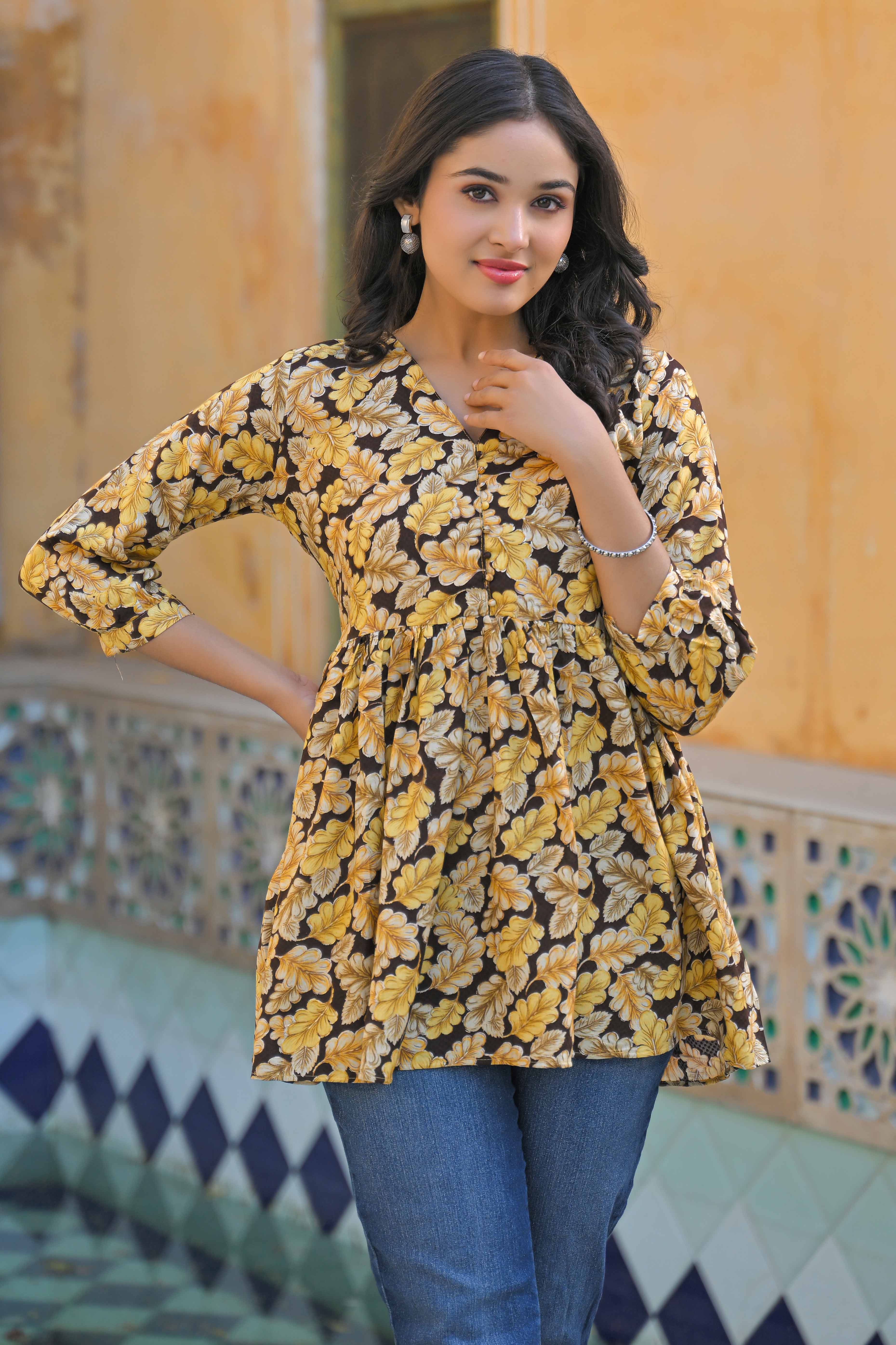 Brown Floral Printed Rayon A-Line Top