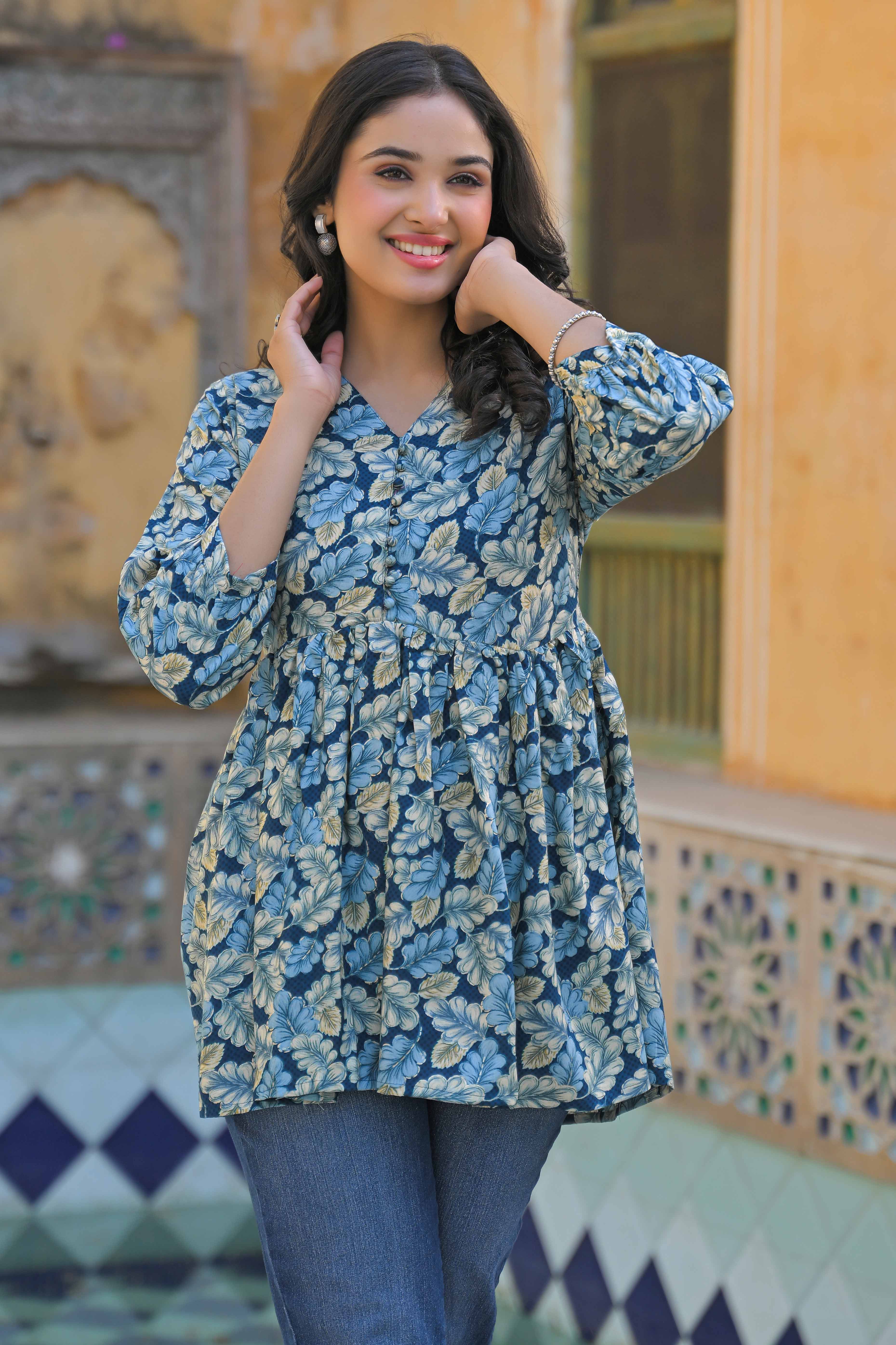 Turquoise Floral Printed Rayon A-Line Top