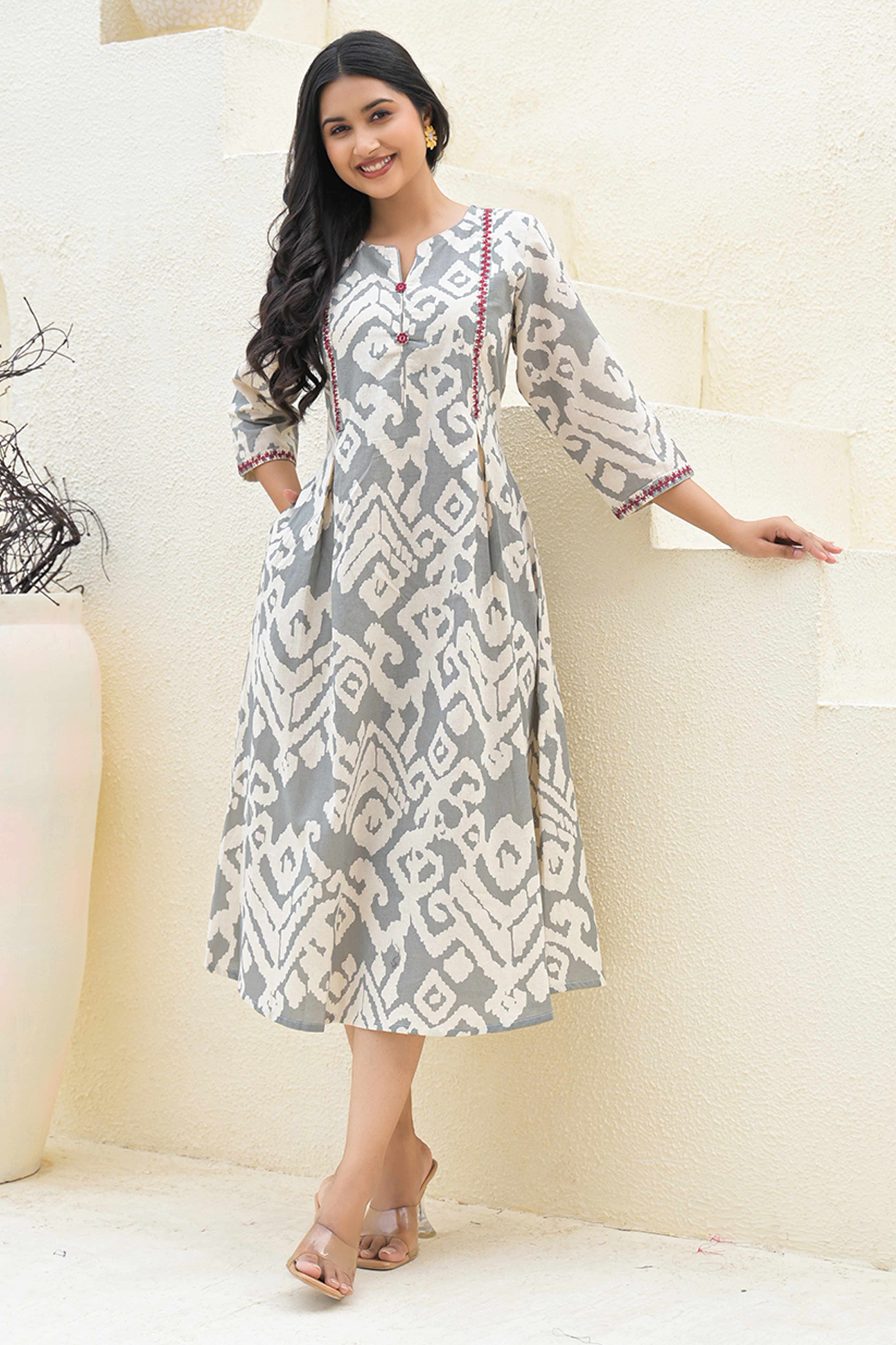 Pure Cotton Grey A-Line Kurti with Ethnic Ikkat Patterns