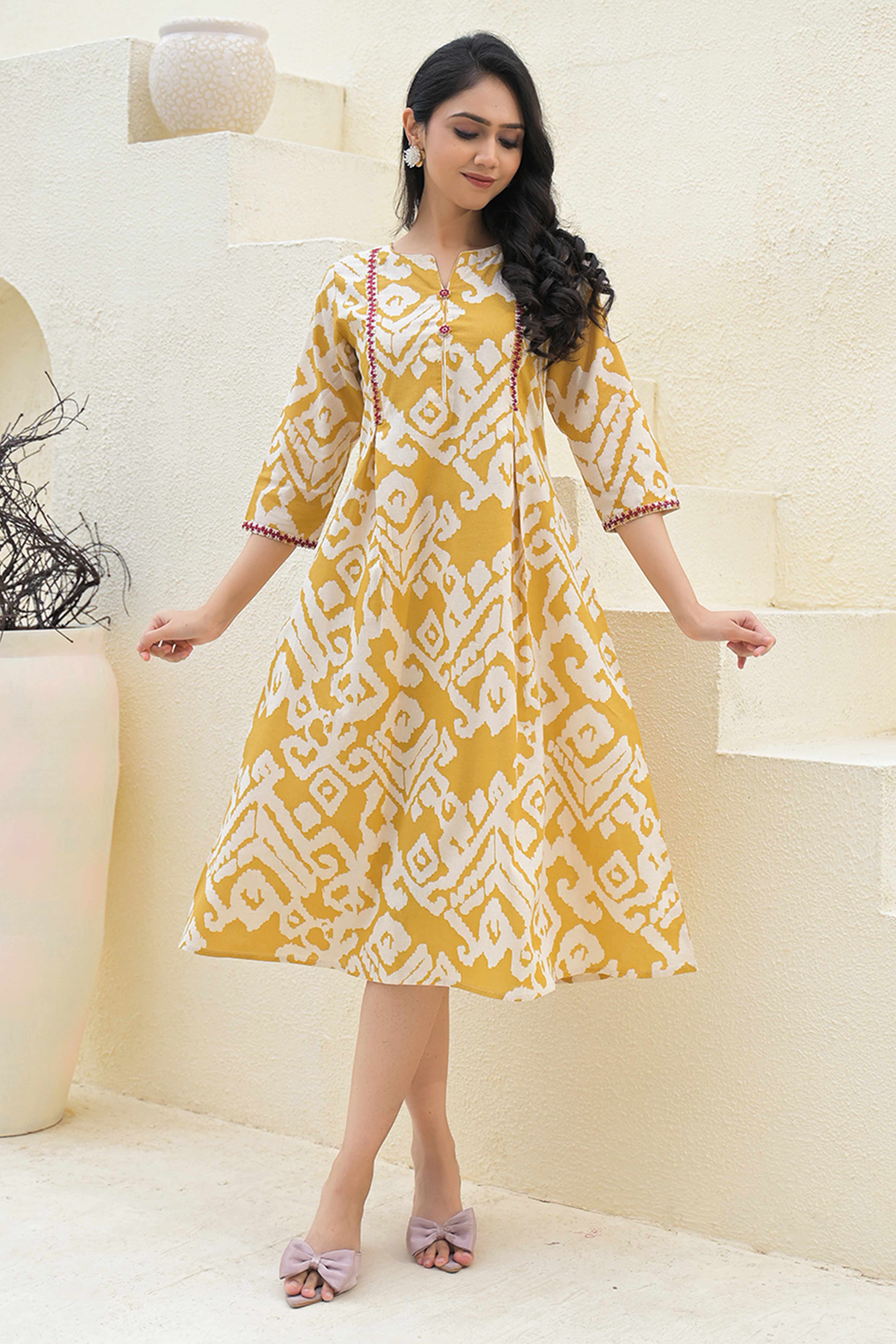 Pure Cotton Mustard A-Line Kurti with Ethnic Ikkat Patterns