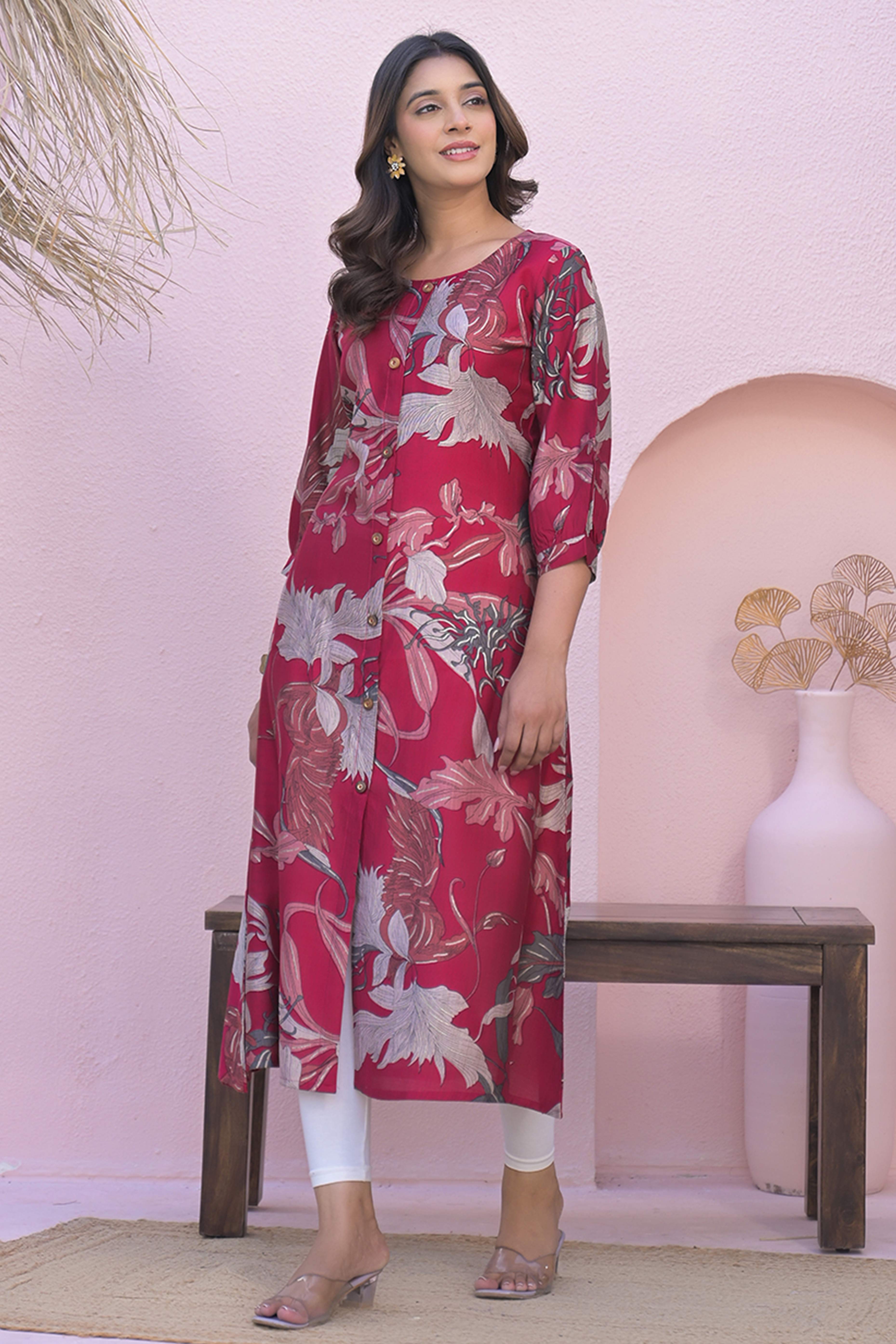 Rani Pink Floral Printed A-Line Kurti in Pure Cotton Fabric