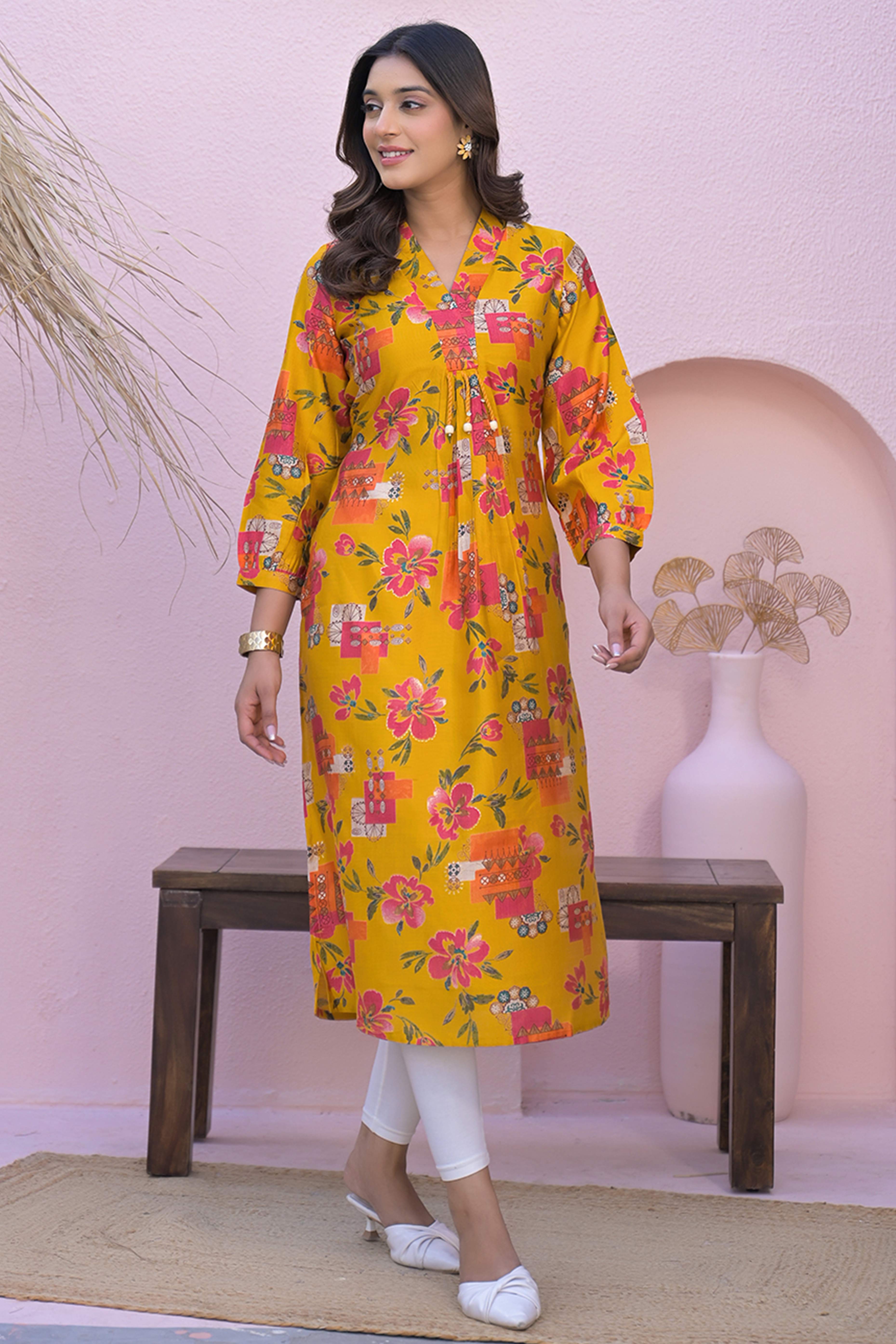Mustard A-Line Kurti in Soft Viscose with Floral Design
