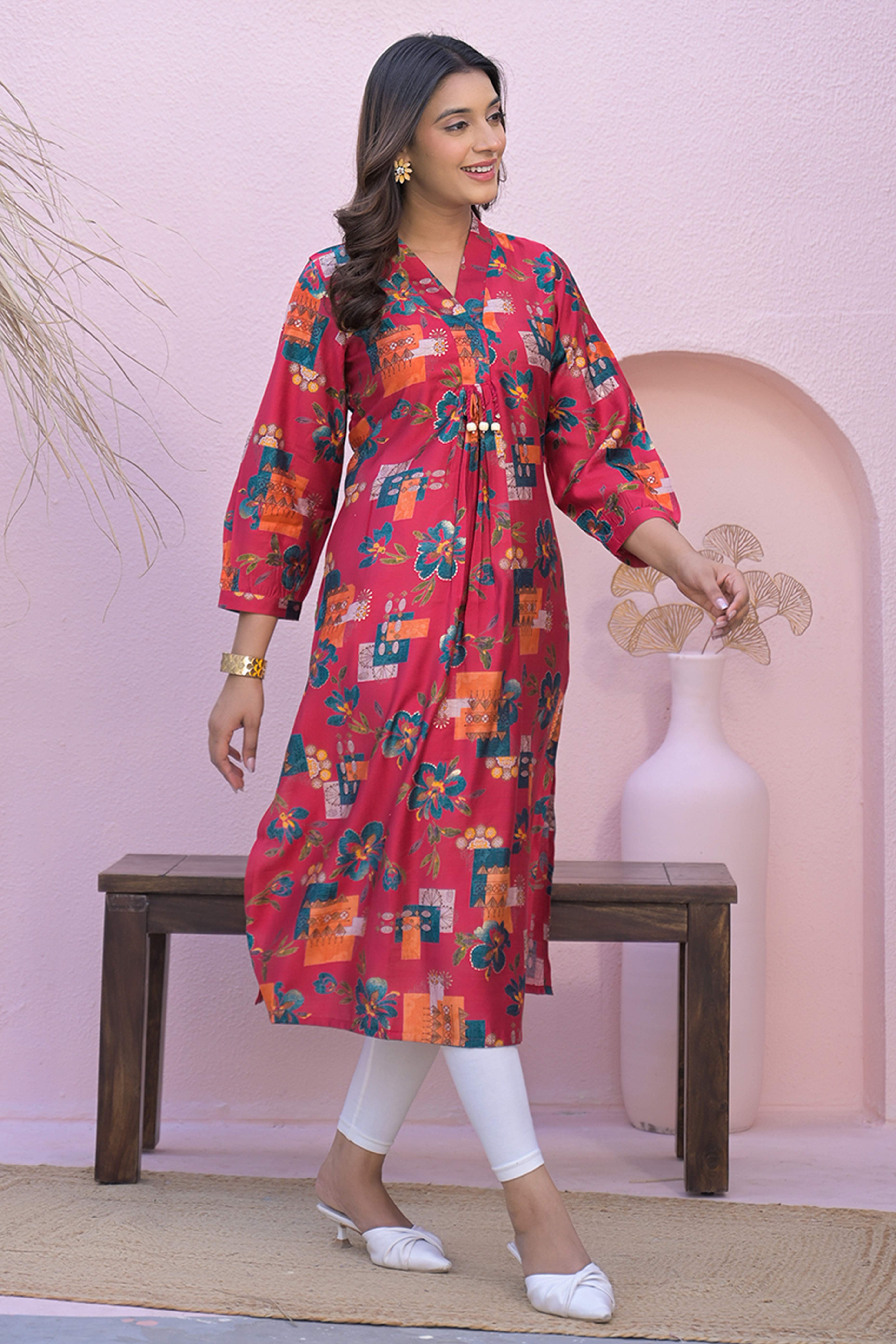 Pink A-Line Kurti in Soft Viscose with Floral Design