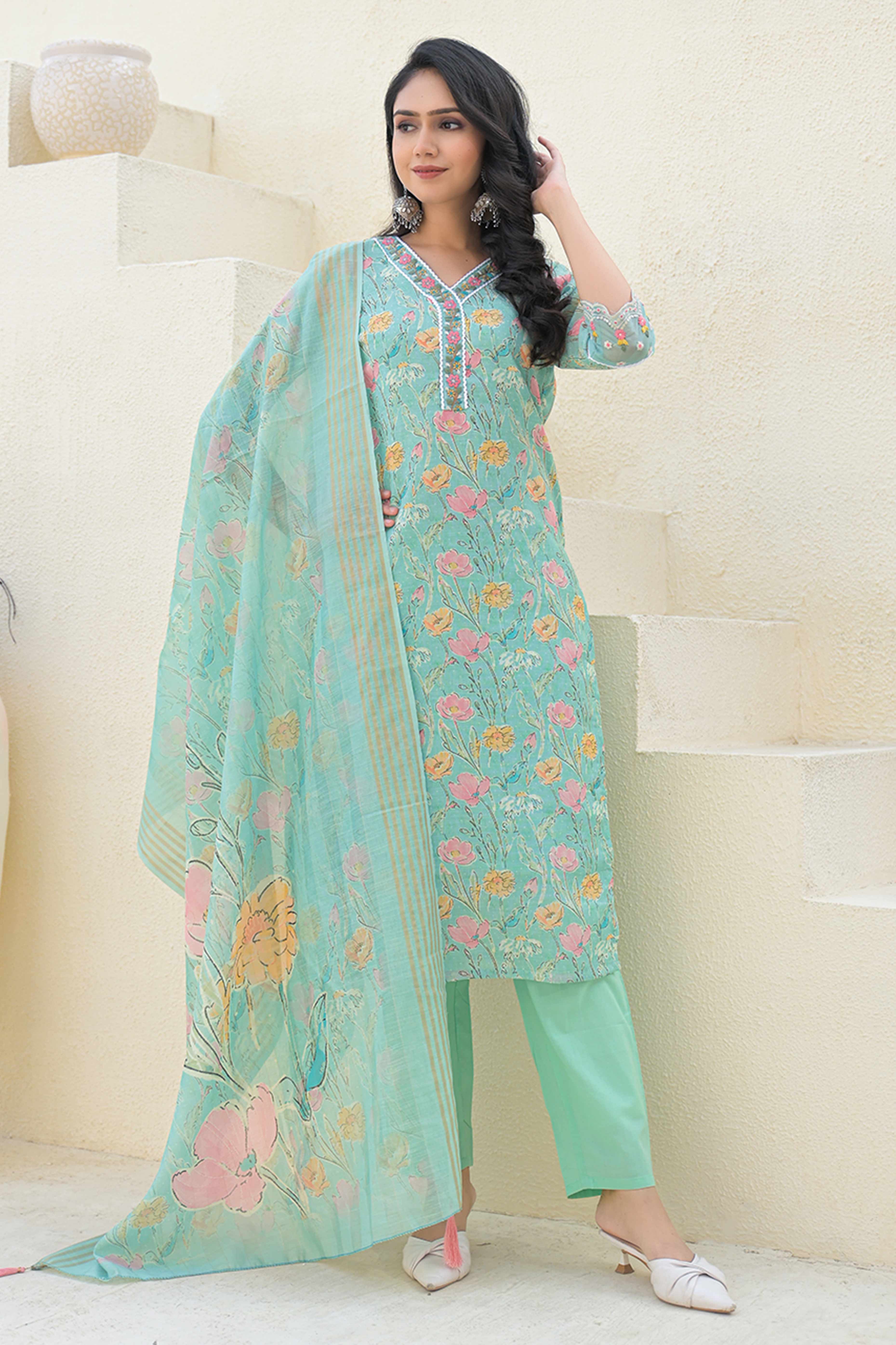 Sea Green Linen Straight Suit Featuring Printed Florals & Delicate Embroidery