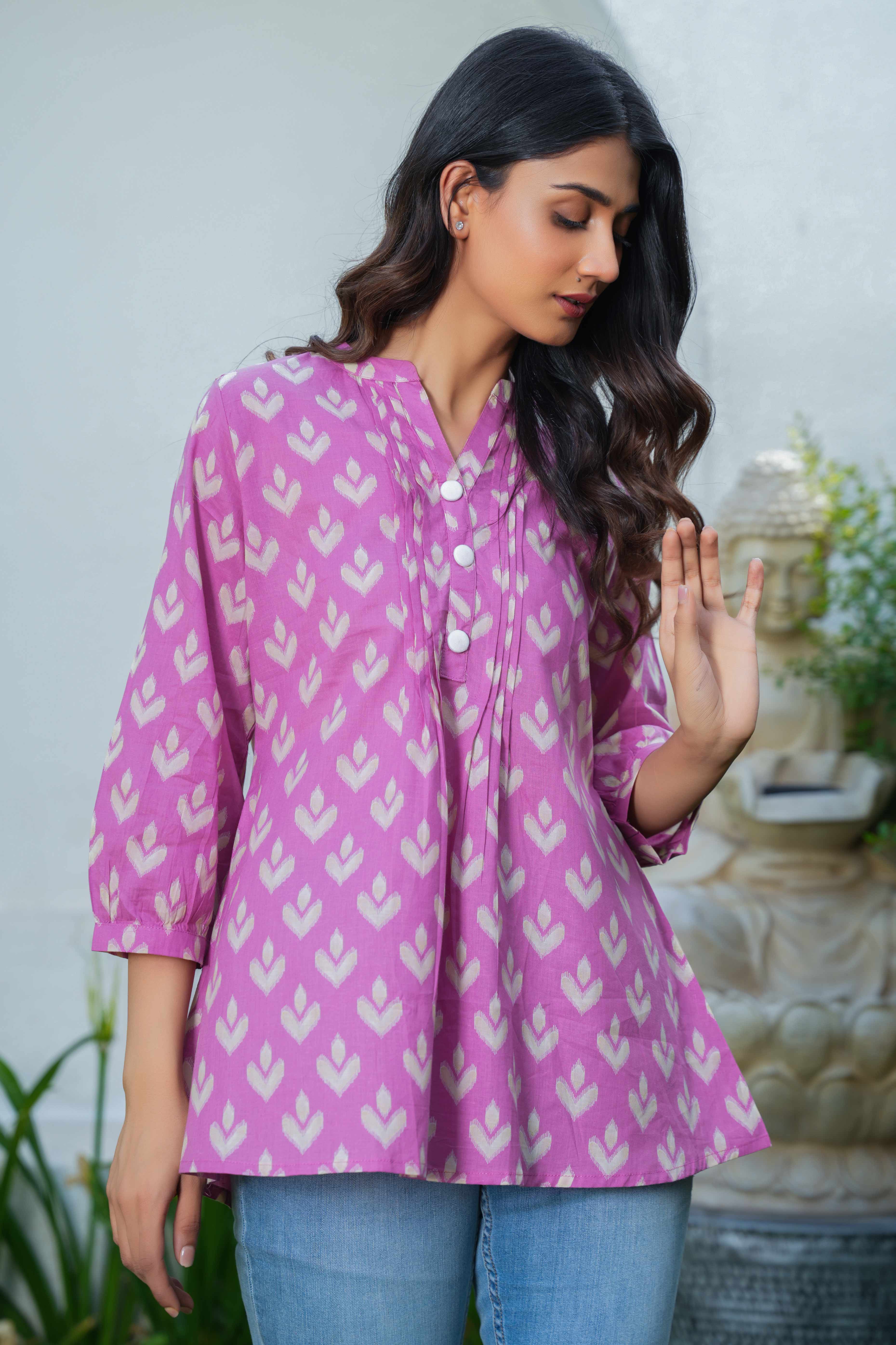 Pink Ikkat Printed Pure Cotton A-Line Tunic for Everyday Wear