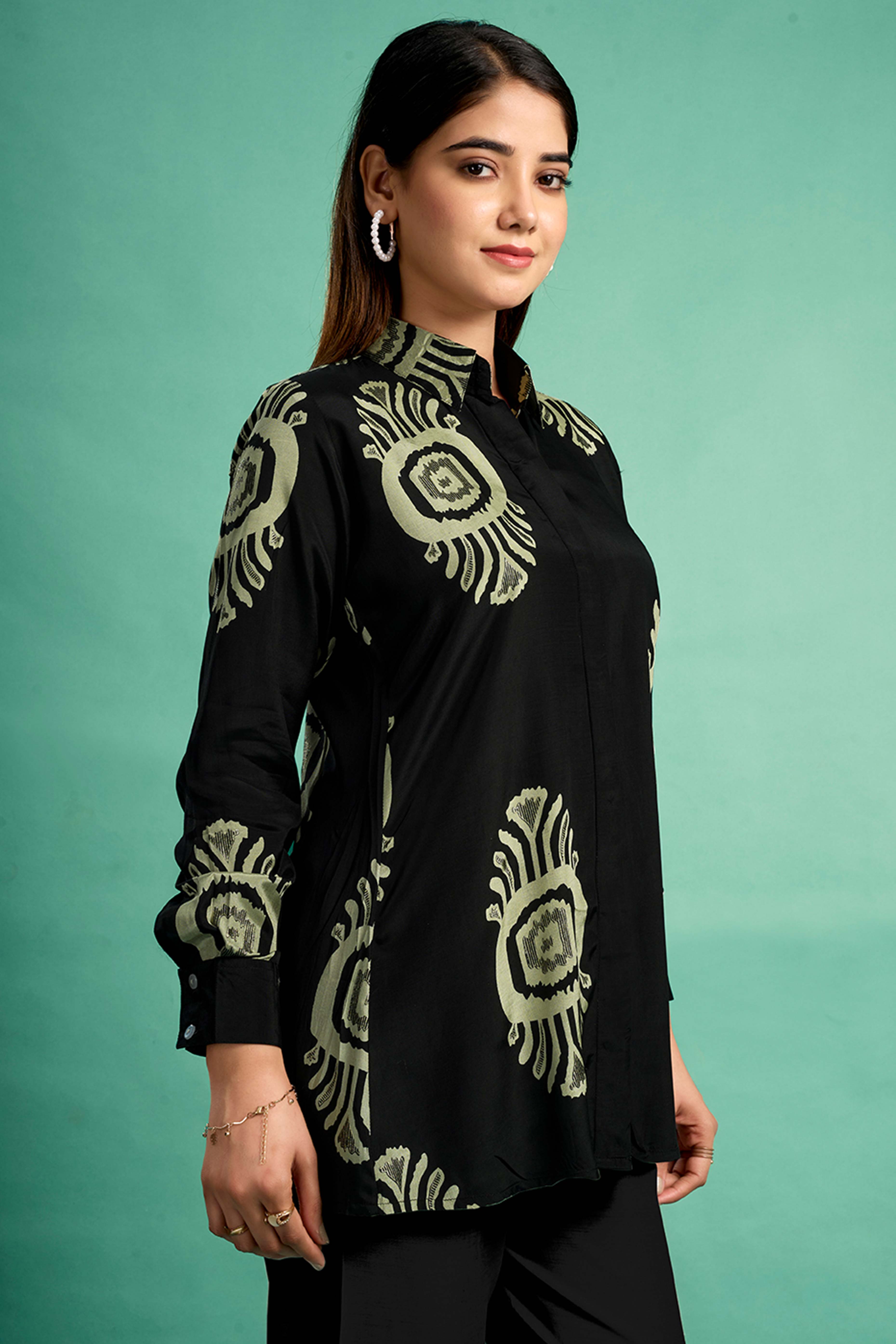 Black Floral Printed Muslin Straight Top