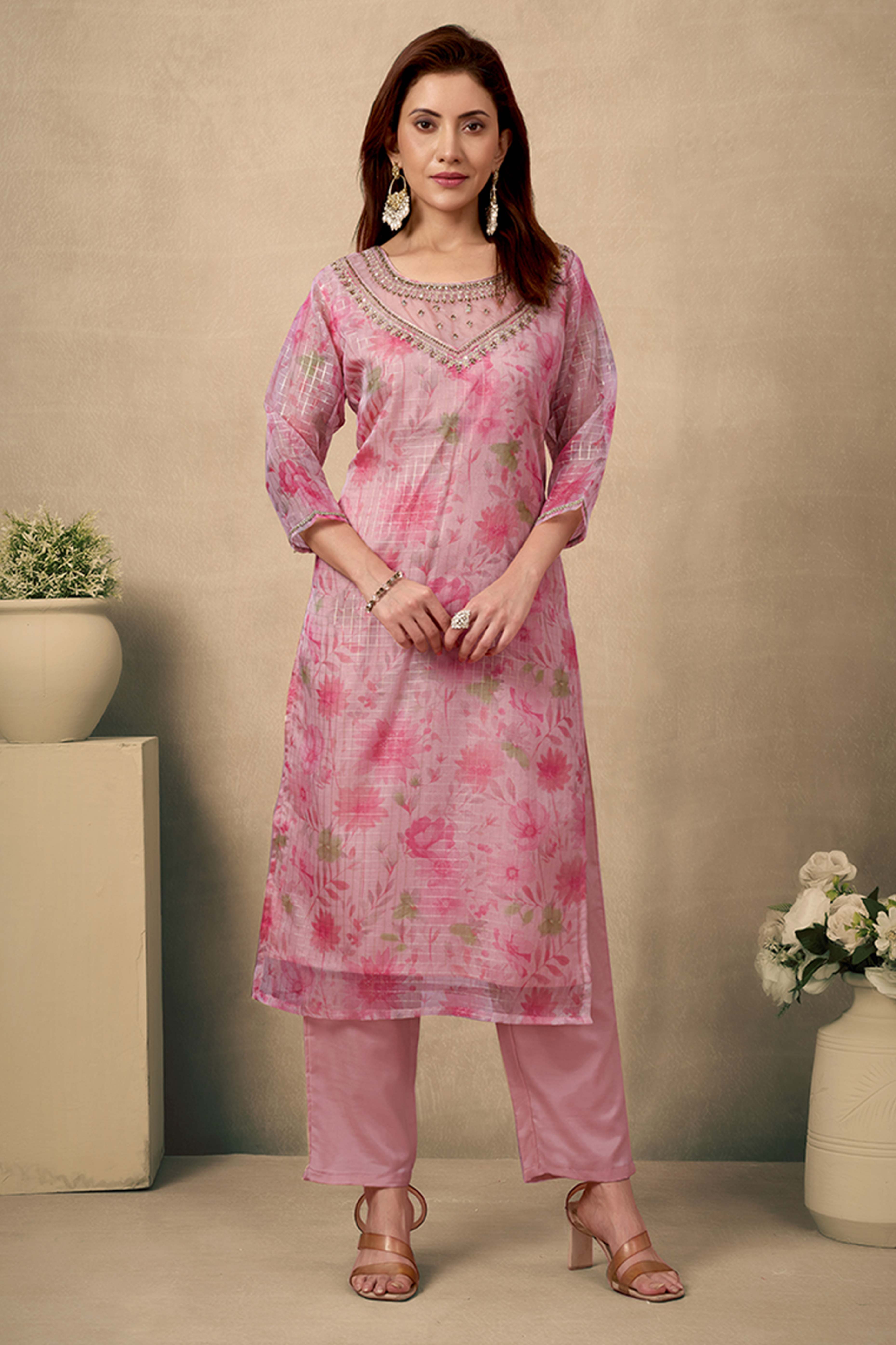 Light Peach Floral Print With Zari Weaving Work Organza Straight Salwar Suit
