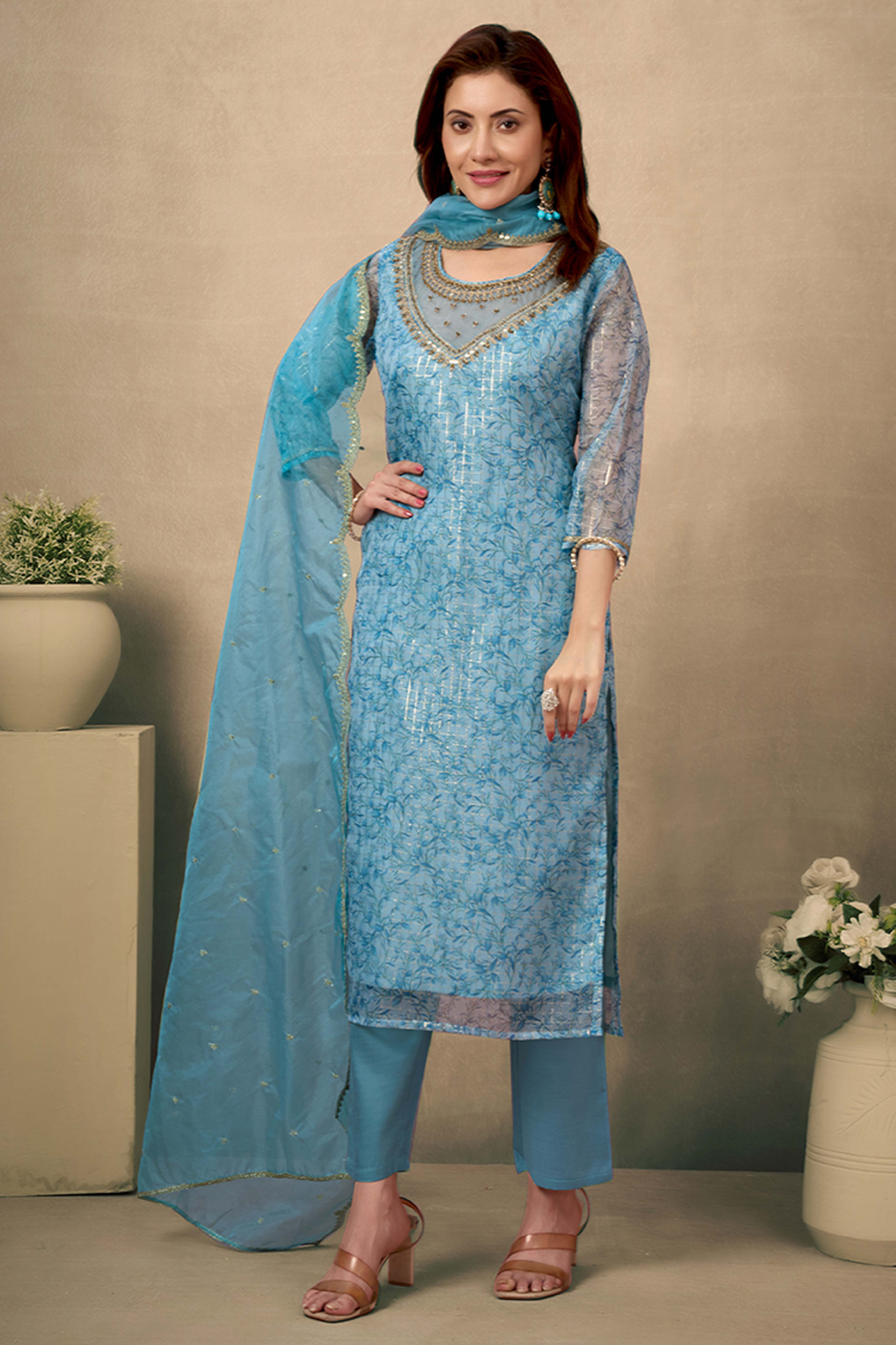 Light Sky Blue Floral Print With Zari Weaving Work Organza Straight Salwar Suit