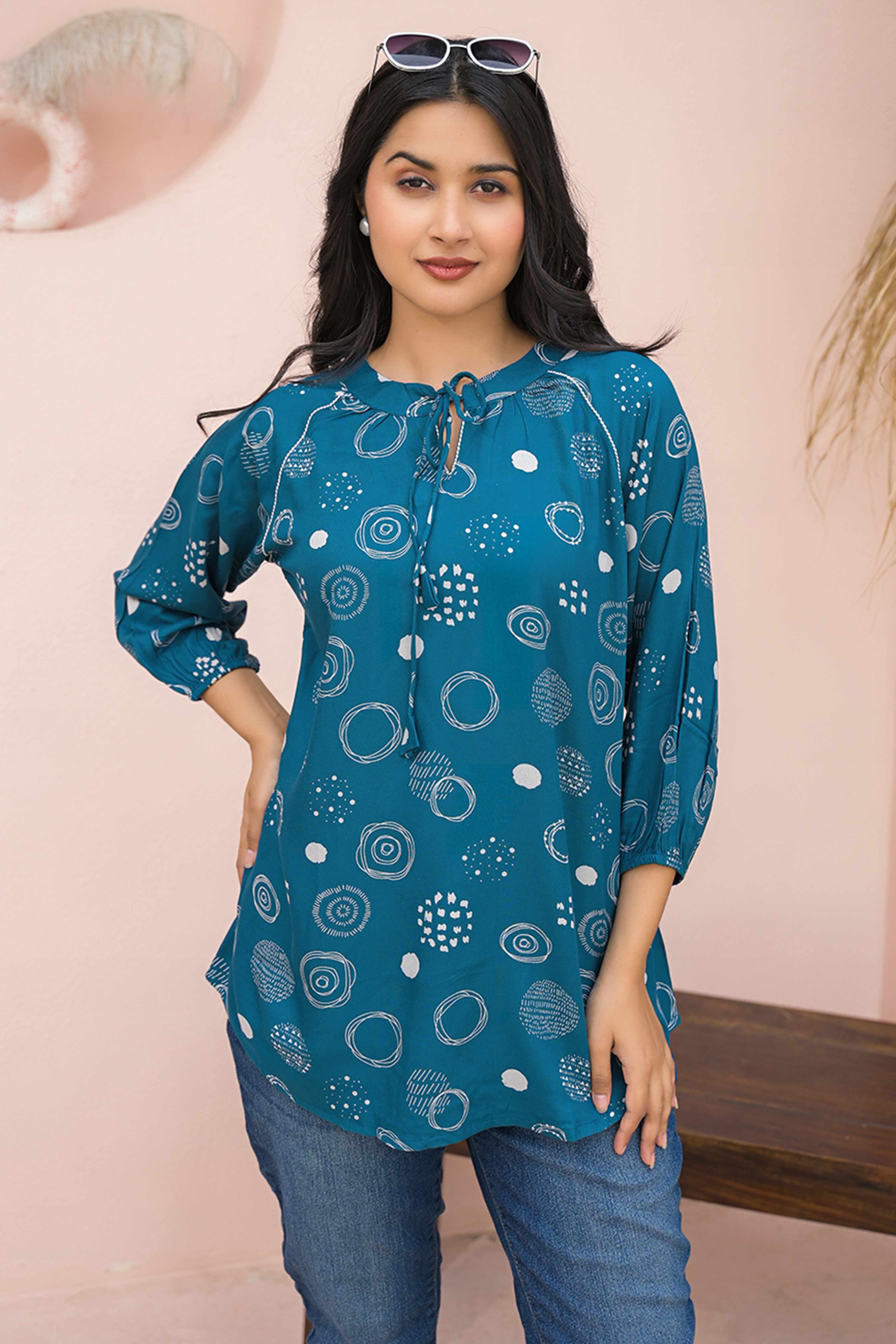 Trendy Blue Straight-Cut Rayon Top with All-Over Print