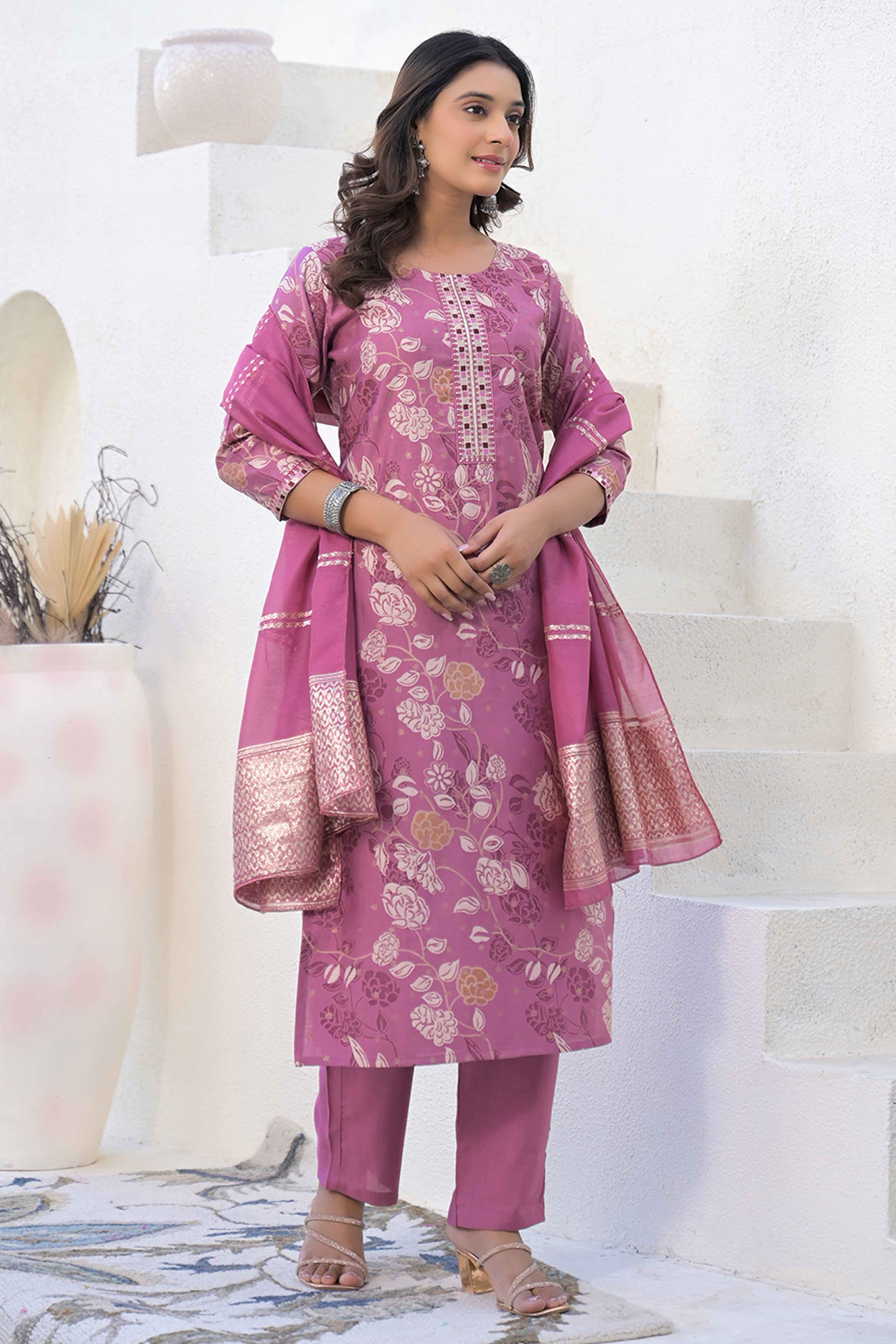 Light Purple Straight Viscose Salwar Suit With Delicate Floral Prints