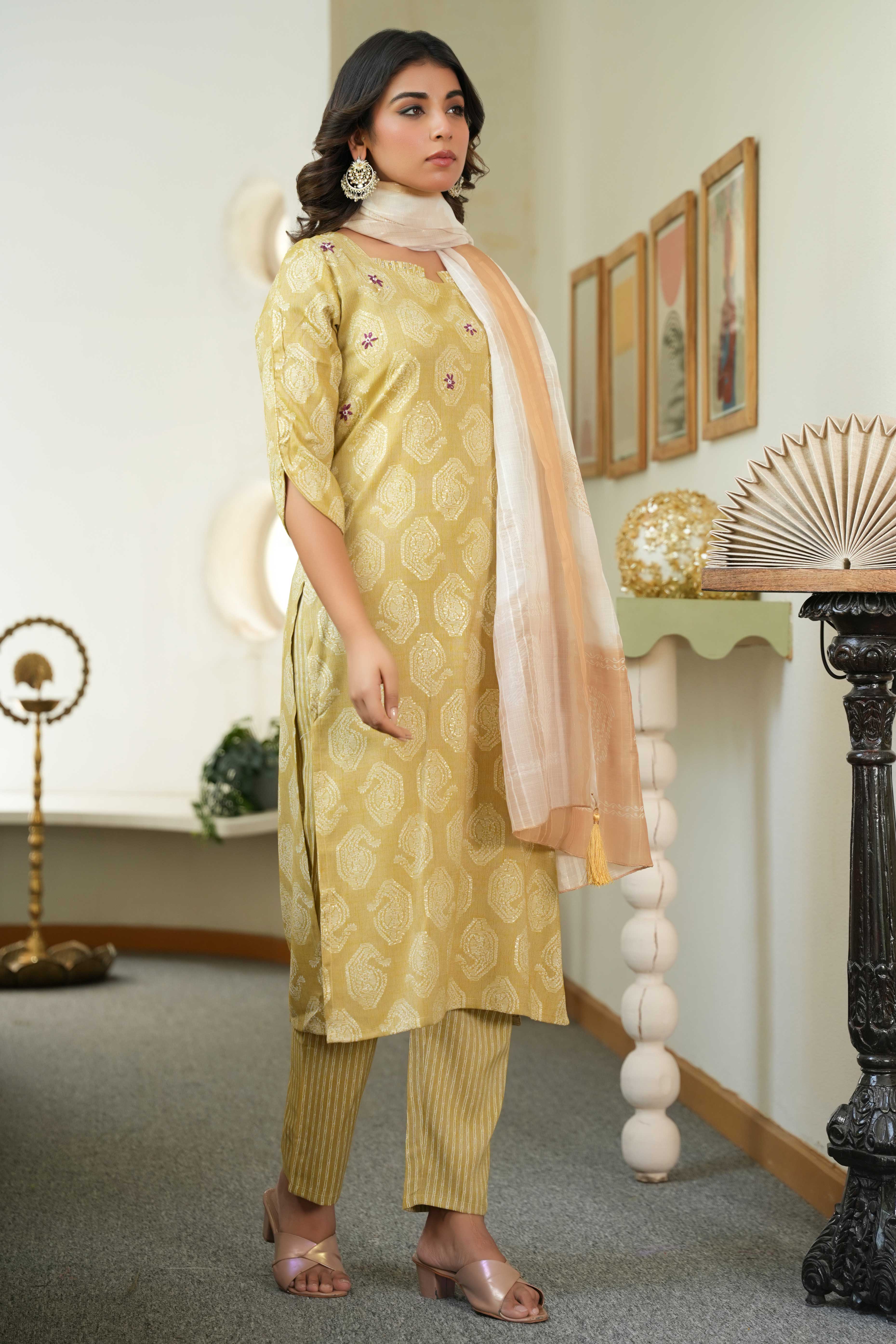 Dazzling Mustard Printed Rayon Straight Salwar Suit With Delicate Floral Sequins Embroidery Work