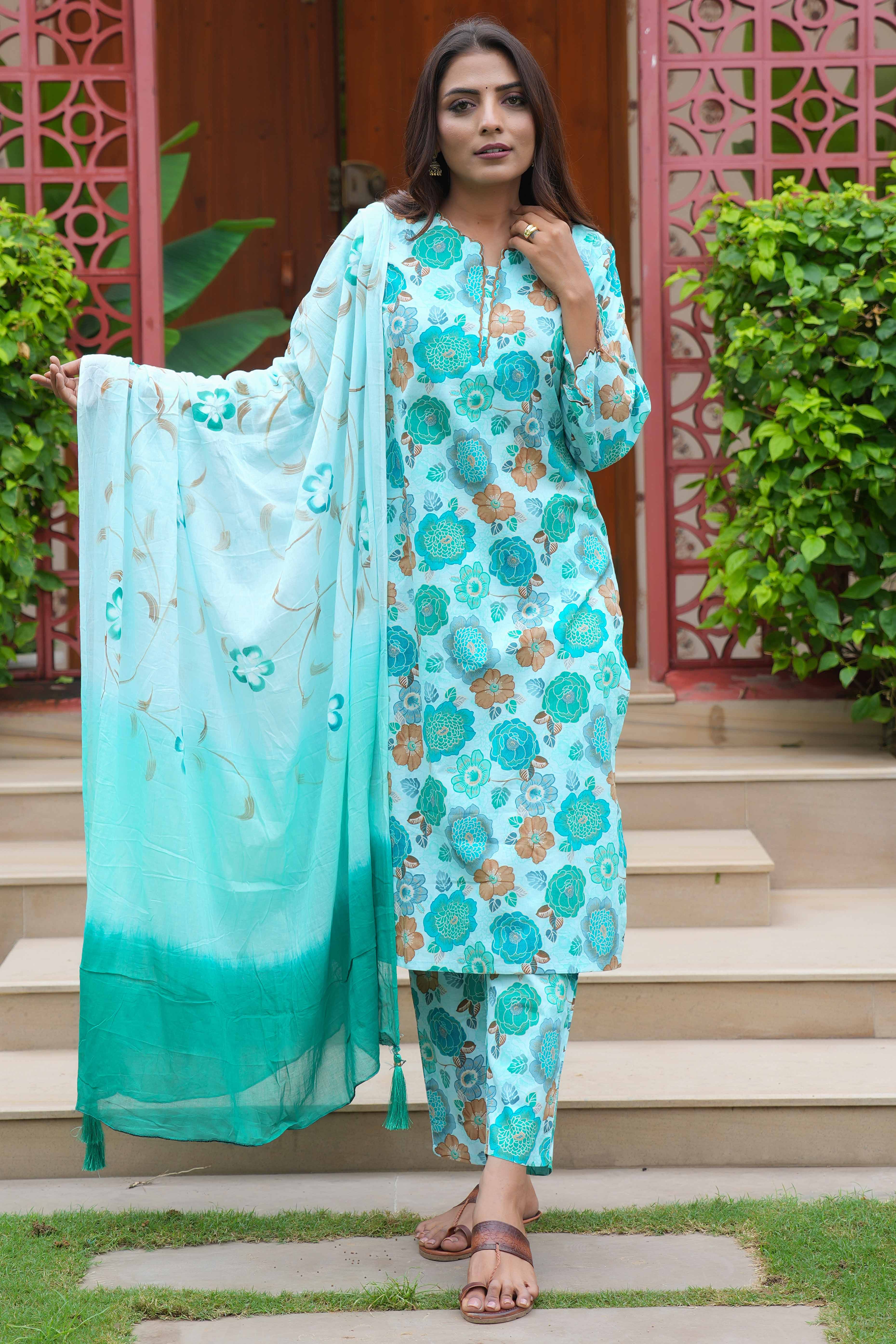 Turquoise Cotton Salwar Suit With Floral Print & Straight Fit