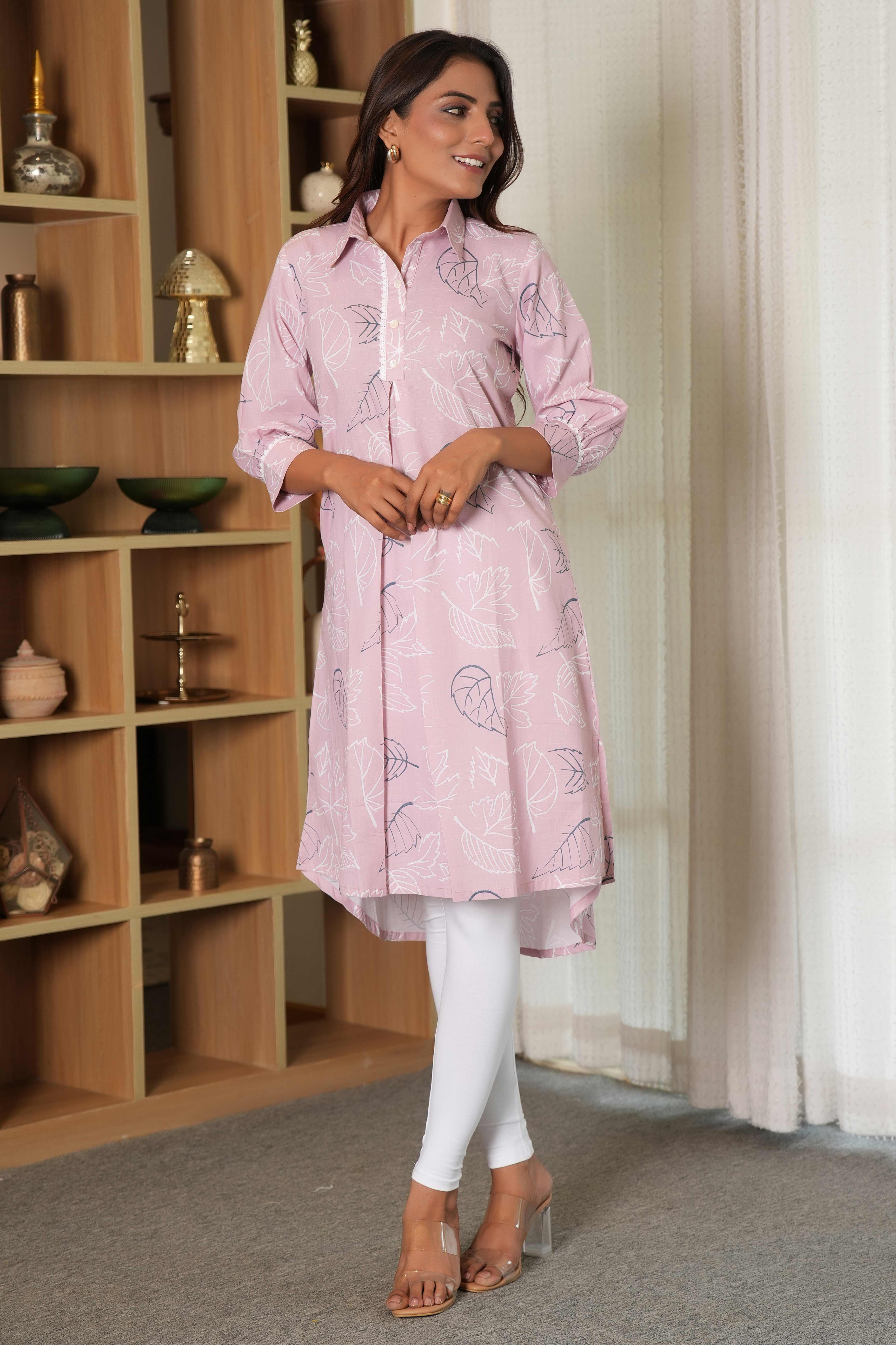 Baby Pink A-Line Kurti with Minimalist Prints and a Breezy Linen Cotton Feel