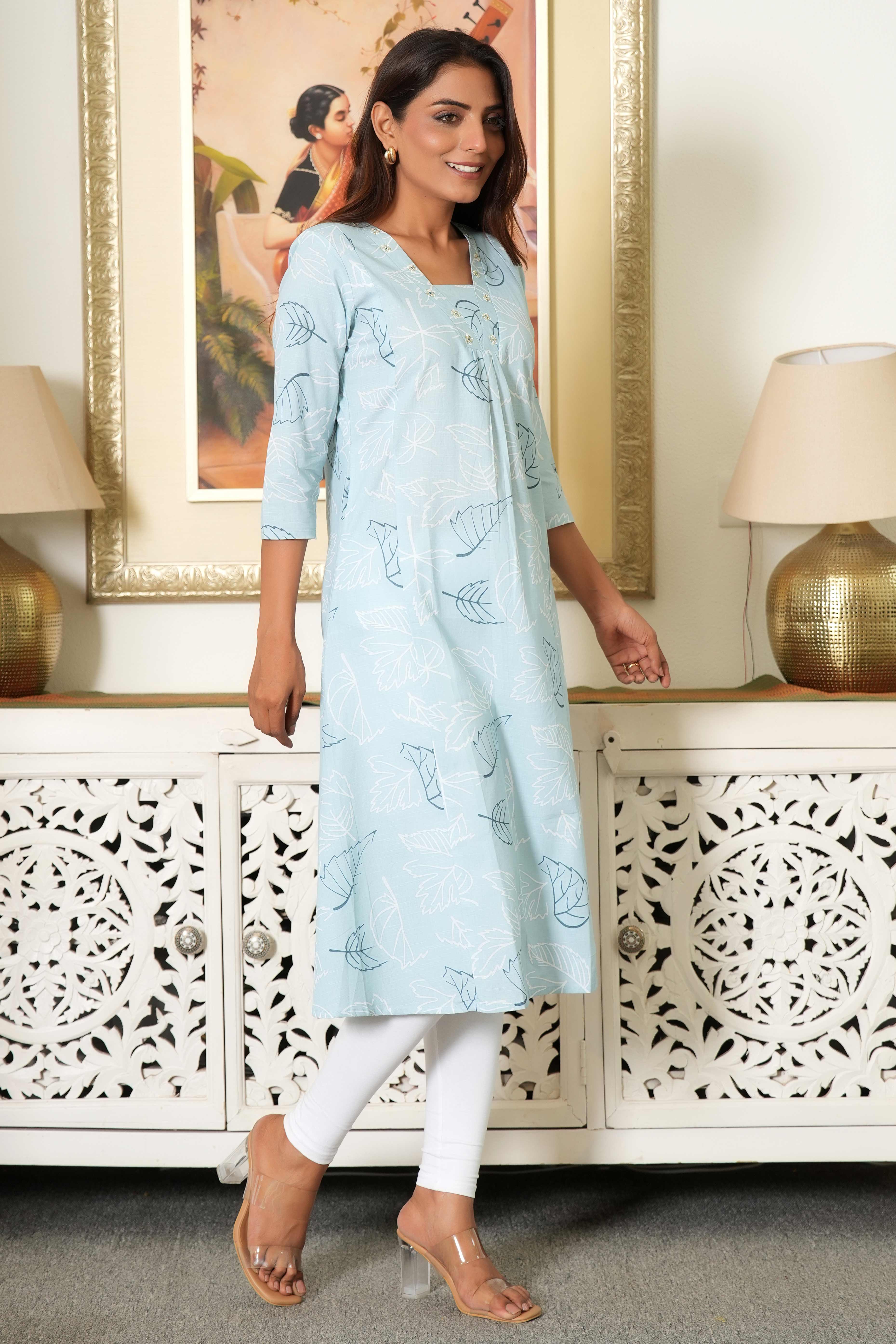 Leaf Printed Powder Blue A-Line Kurti in Pure Cotton Flex