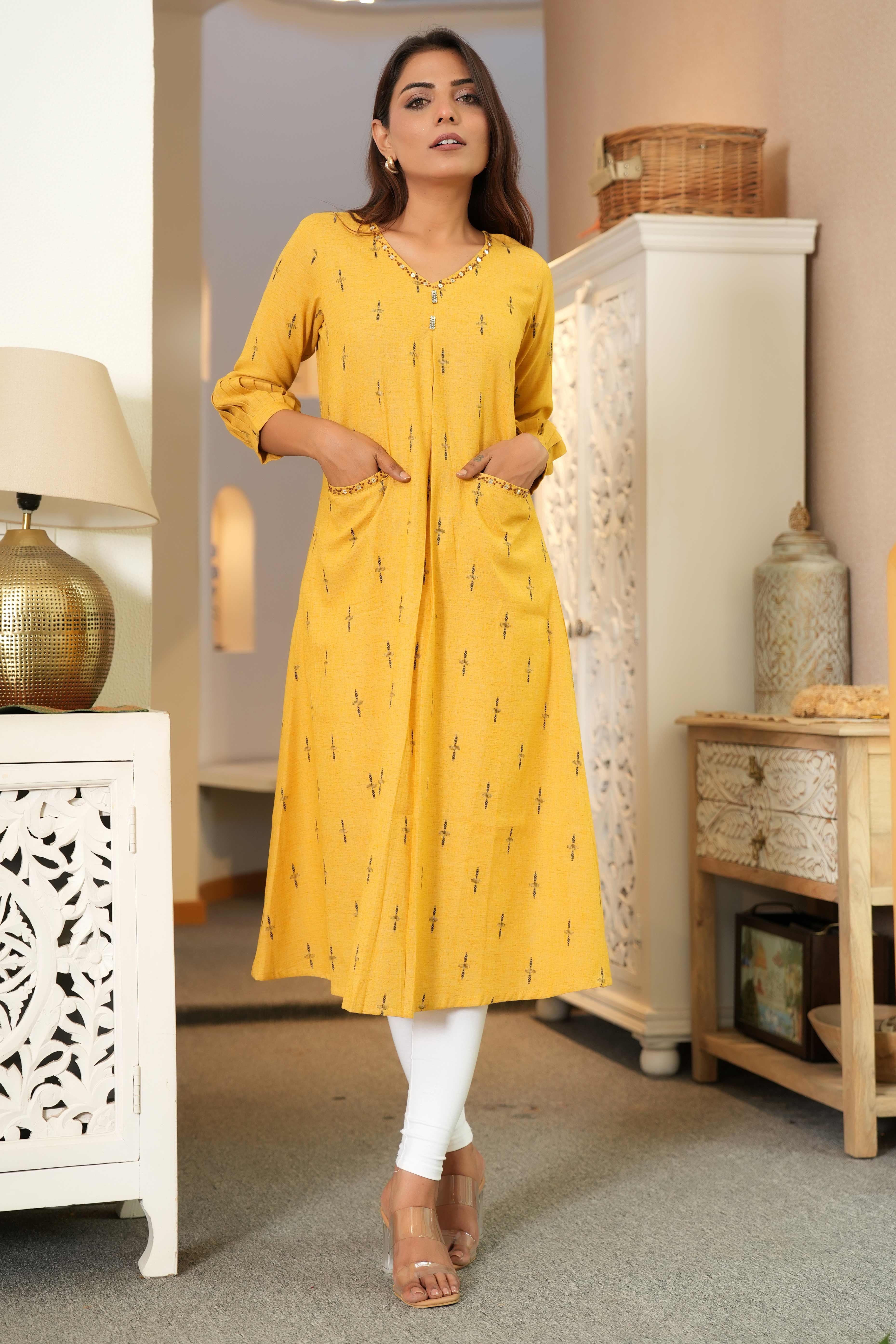 Yellow Pure Cotton A-Line Kurti with Elegant Weaving and Beads Work