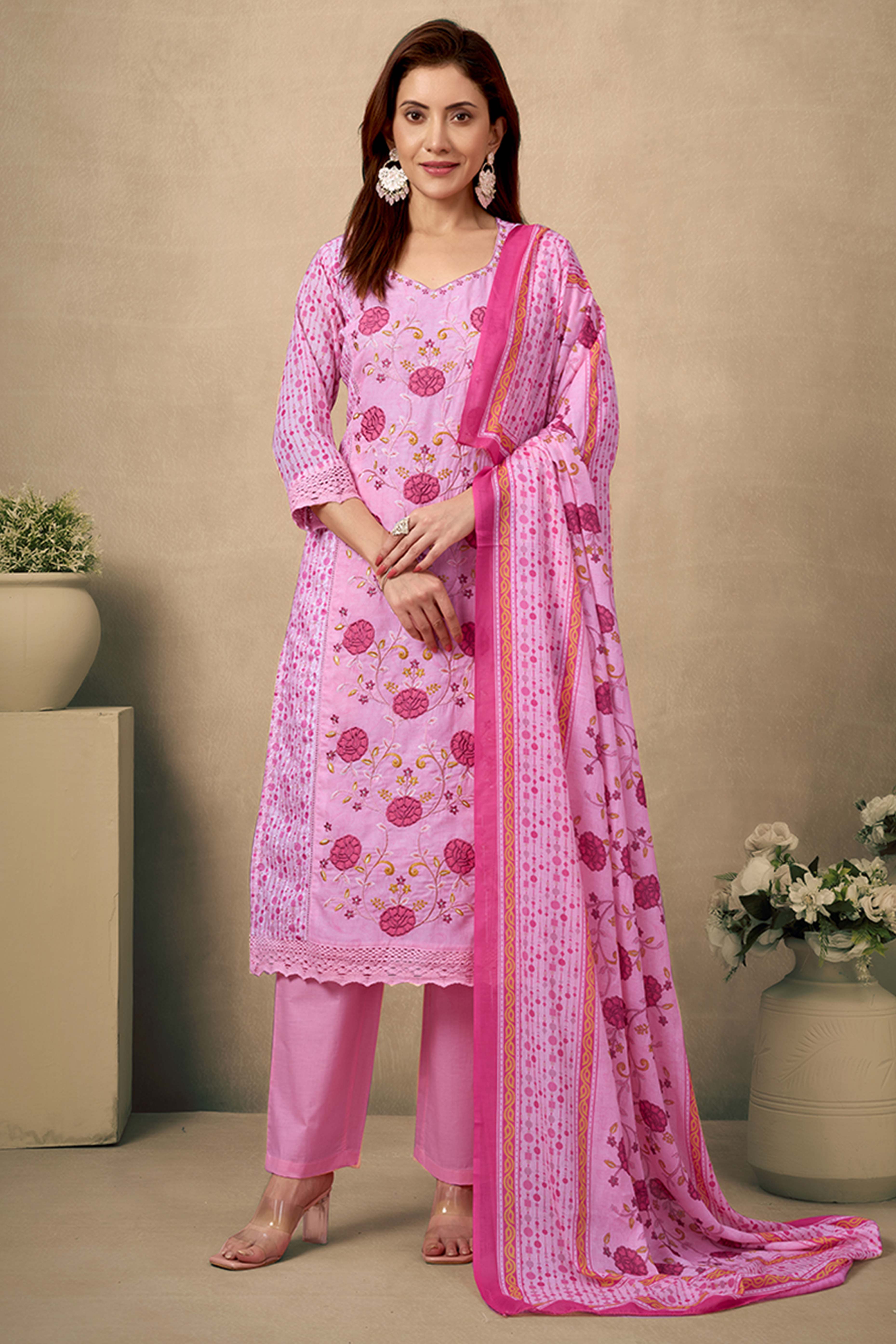 Pink Cotton Blend Straight Suit Featuring Feminine Floral Designs