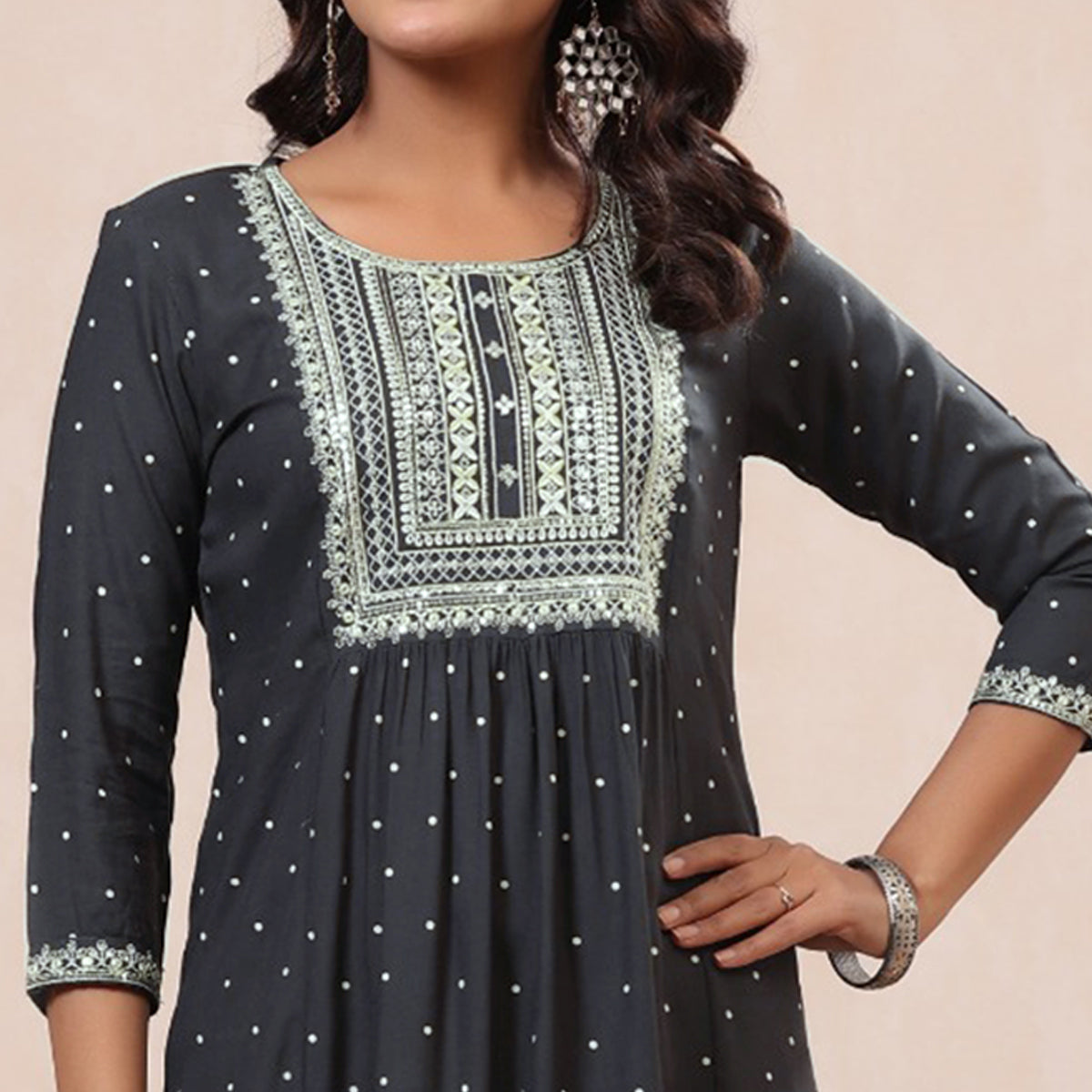 Grey Floral Embroidered Rayon Kurti