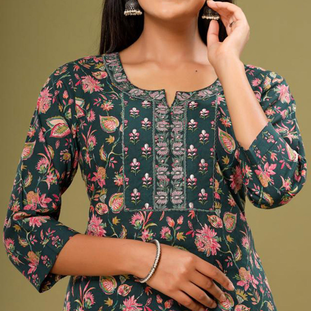 Green Floral Printed Pure Cotton Suit