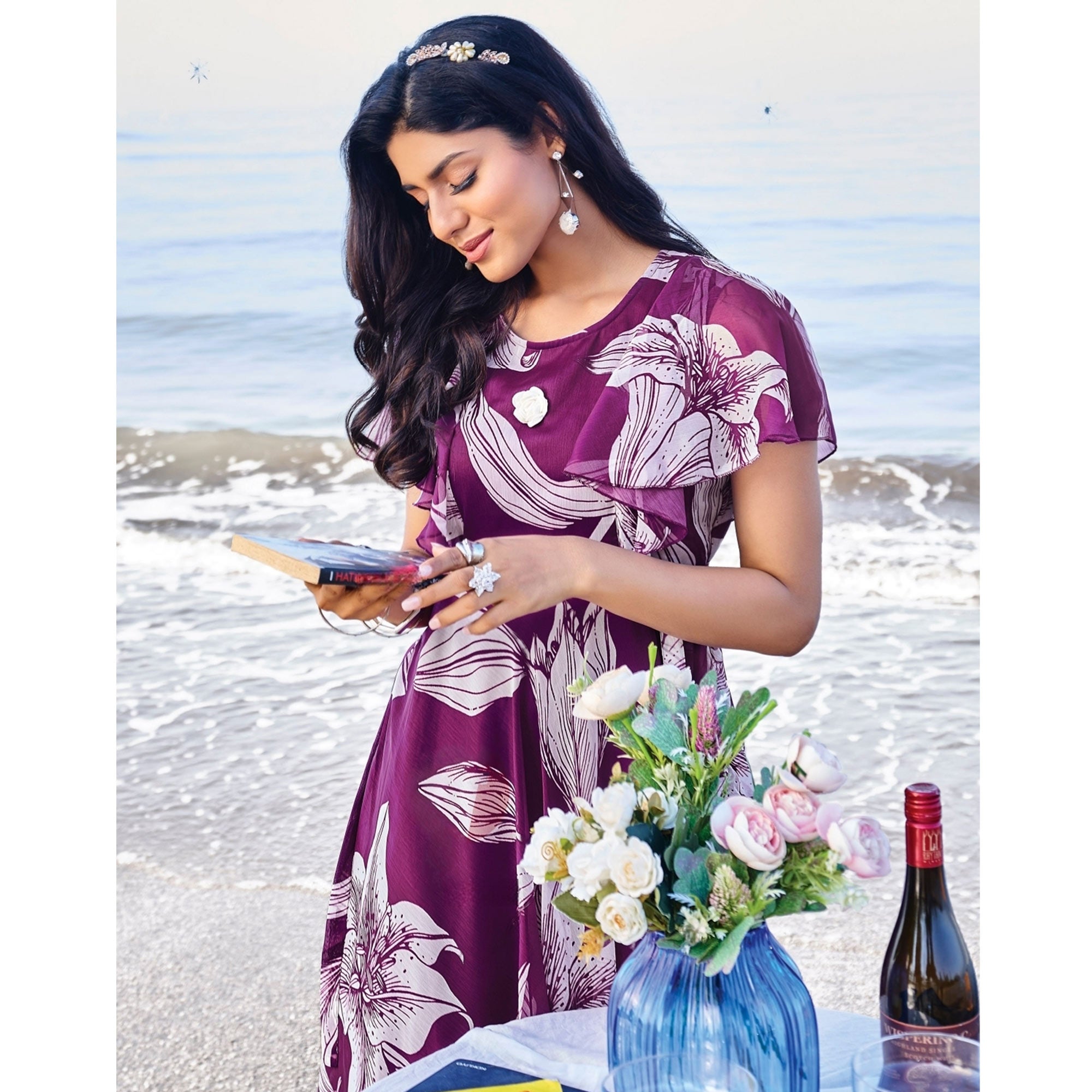 Purple Digital Floral Printed Chiffon Maxi Dress