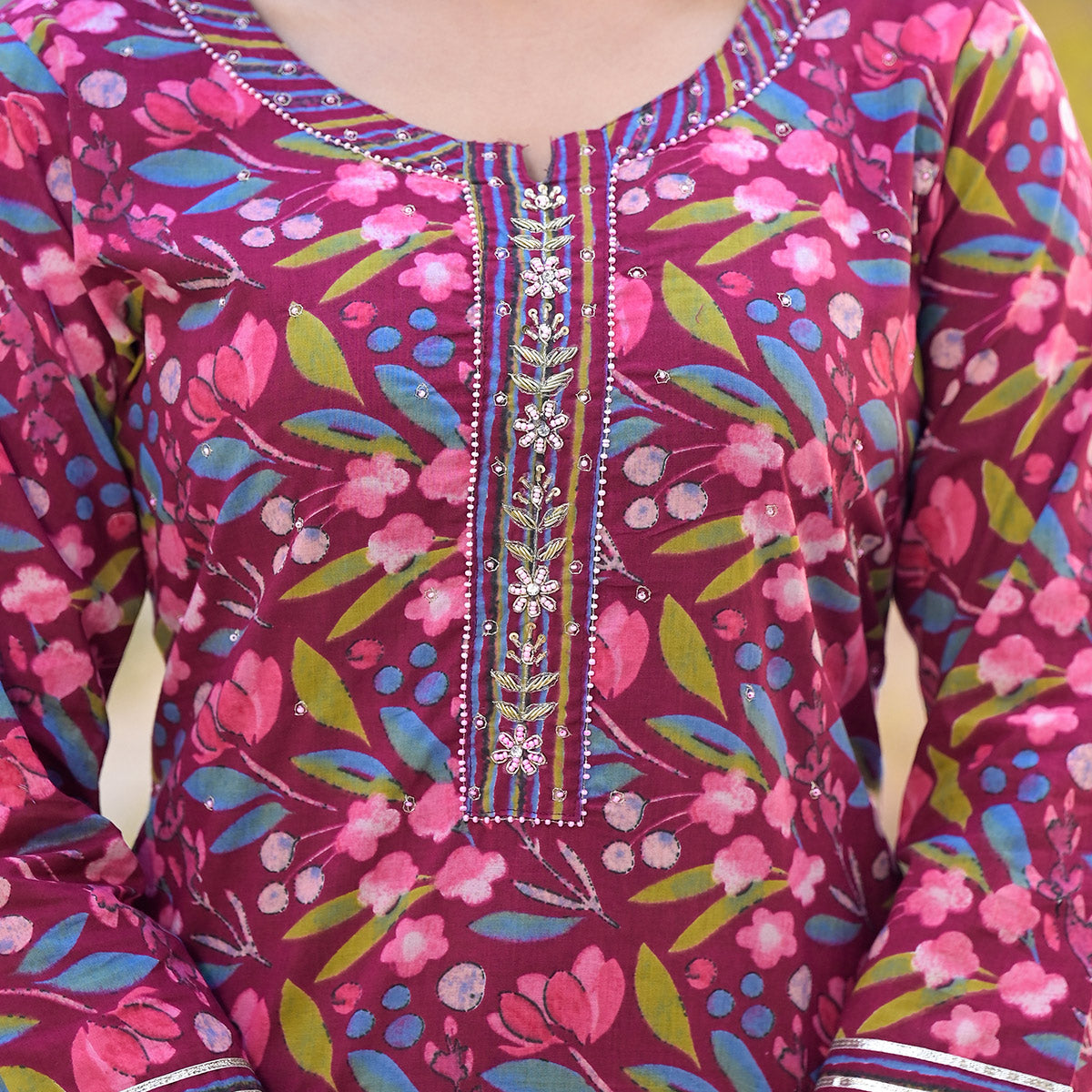 Wine Floral Printed Pure Cotton Sharara Suit