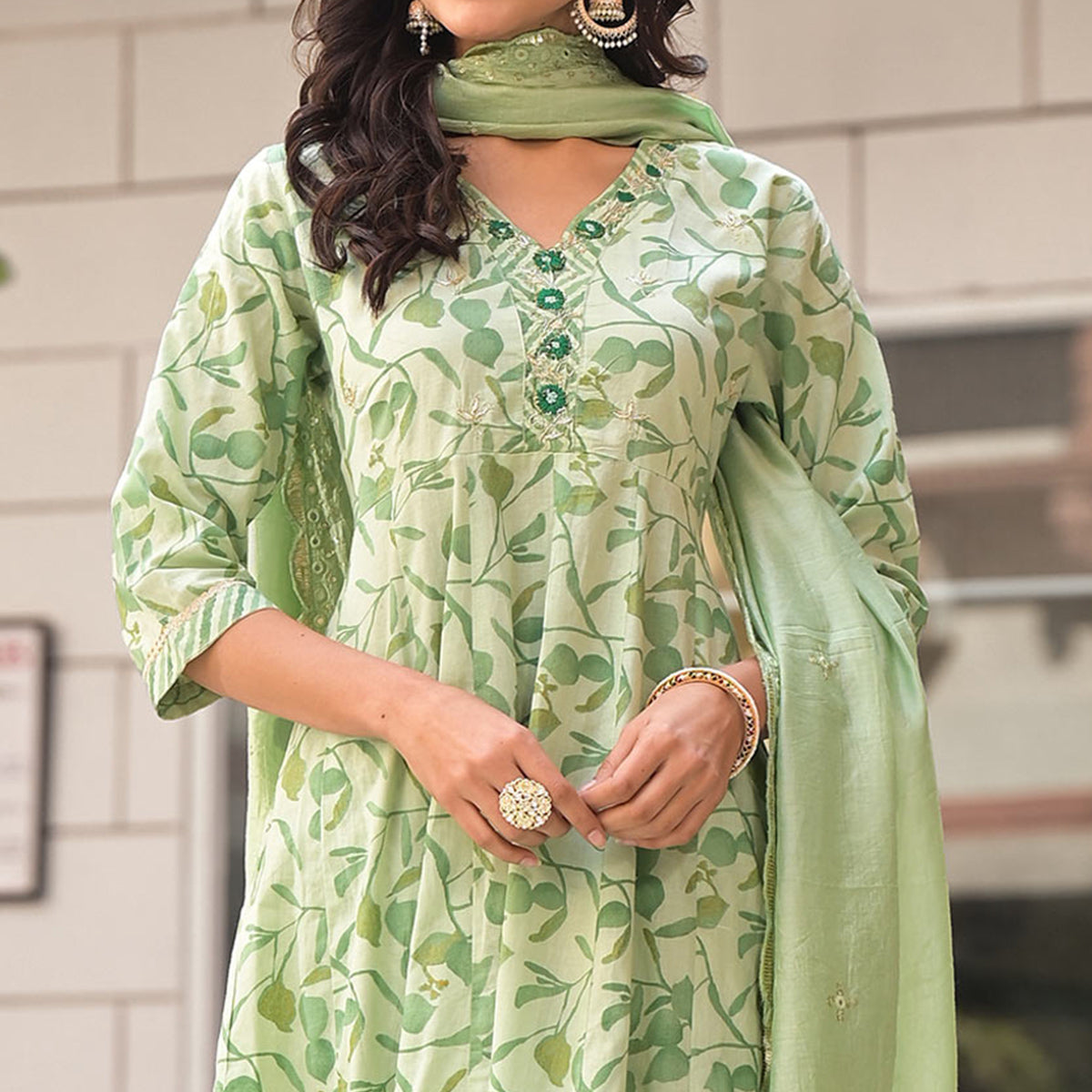 Pista Green Printed Pure Cotton A-Line Salwar Suit