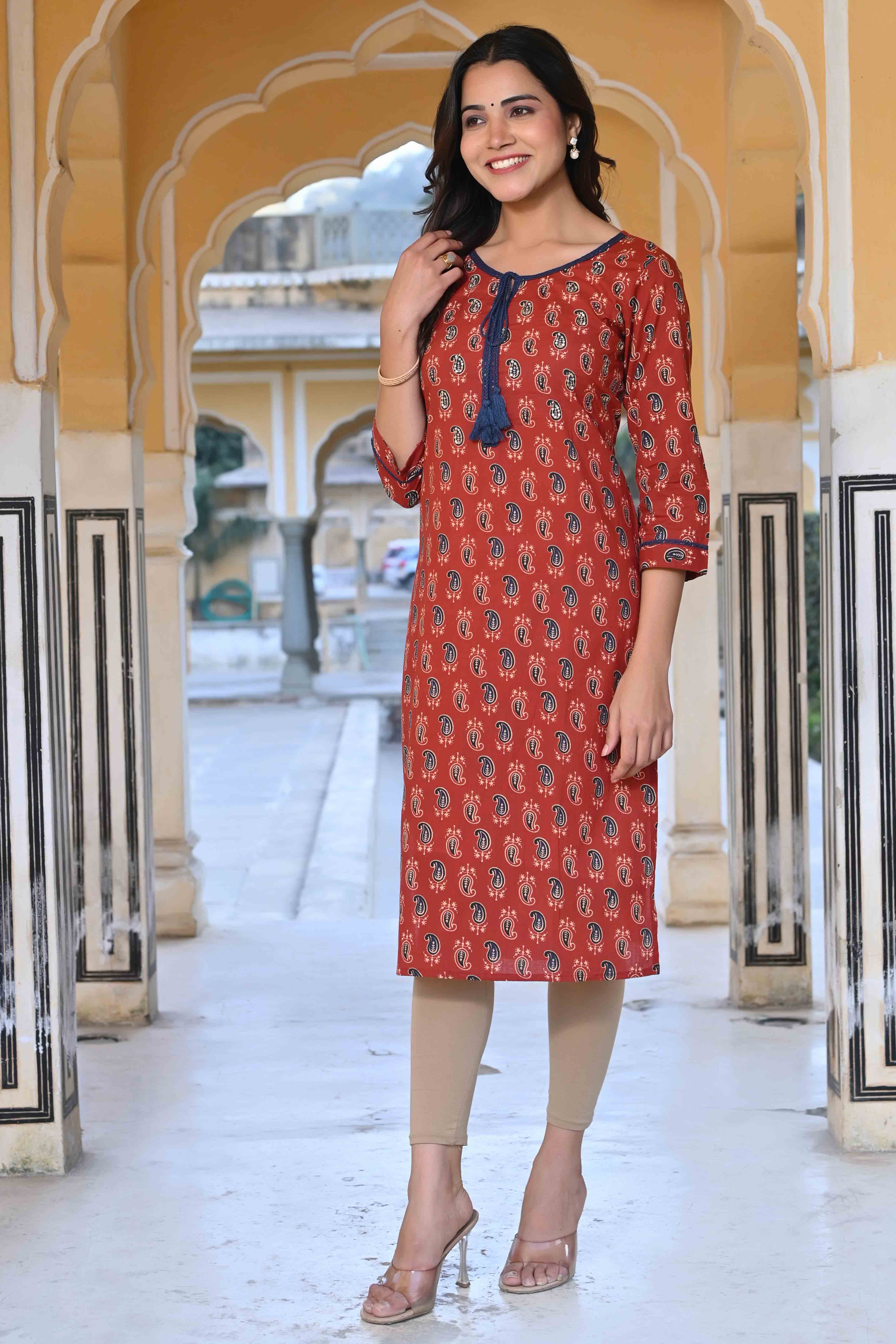 Turkey Red Paisley Printed Pure Cotton Straight Kurti