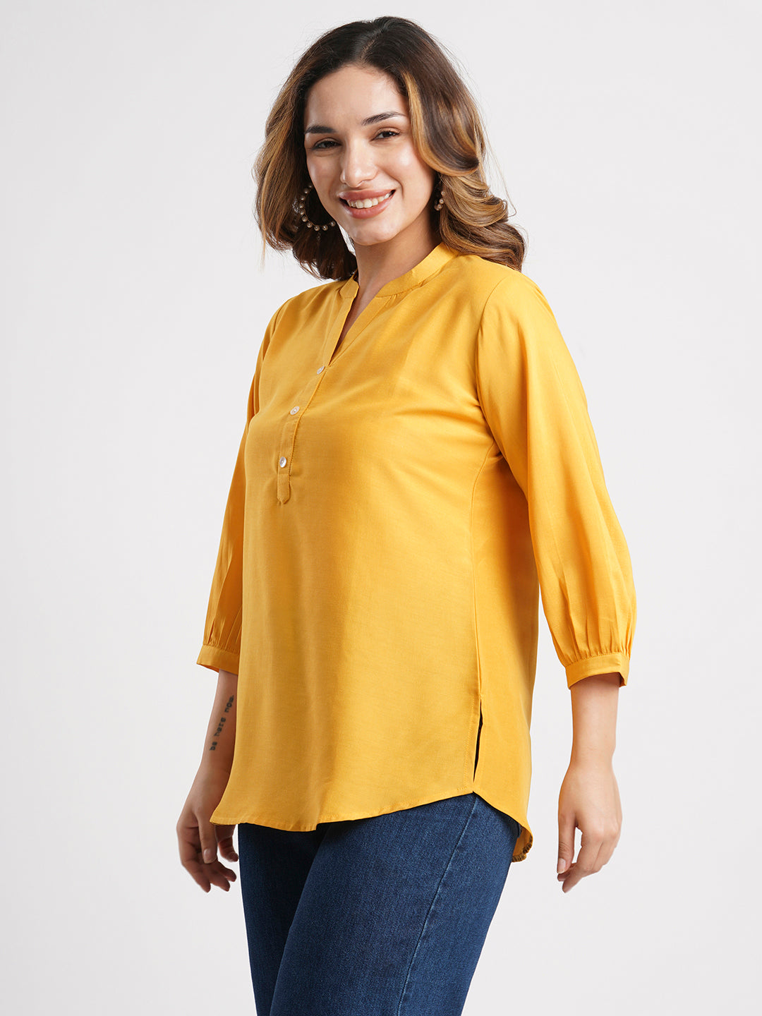 Mustard Solid Poly Chinon Straight Top