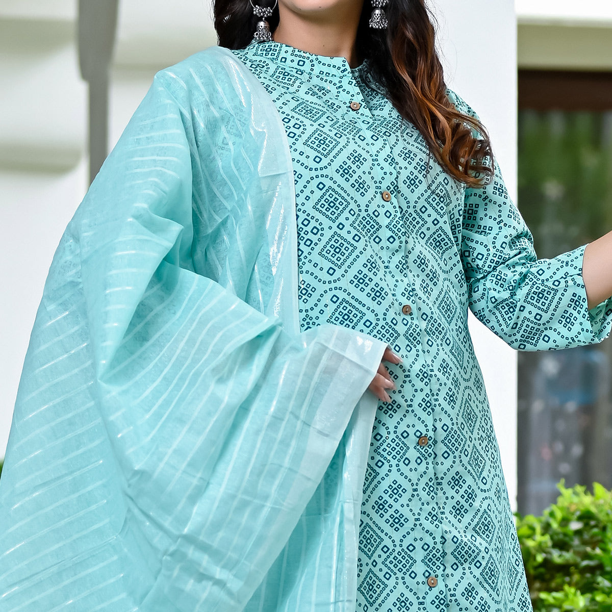 Turquoise Bandhani Printed Pure Cotton A Line Suit