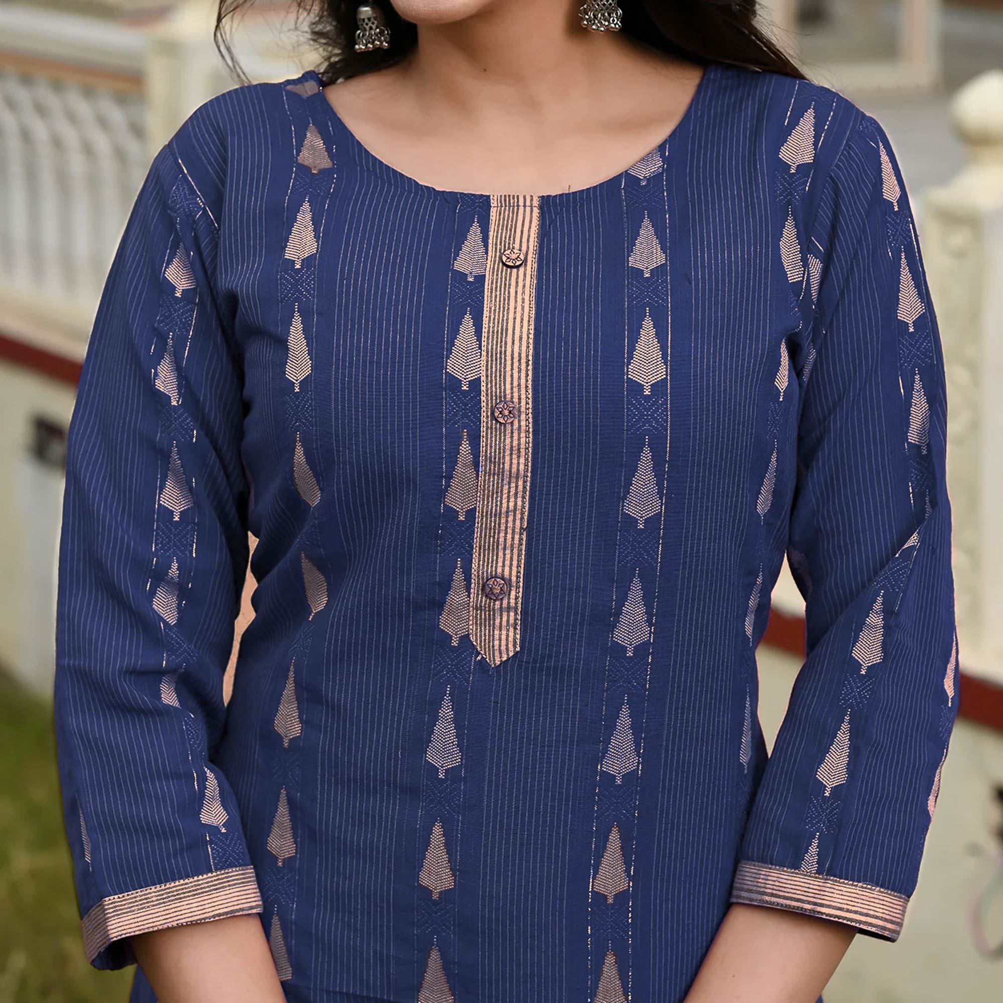 Navy Blue Woven Cotton Blend Salwar Suit