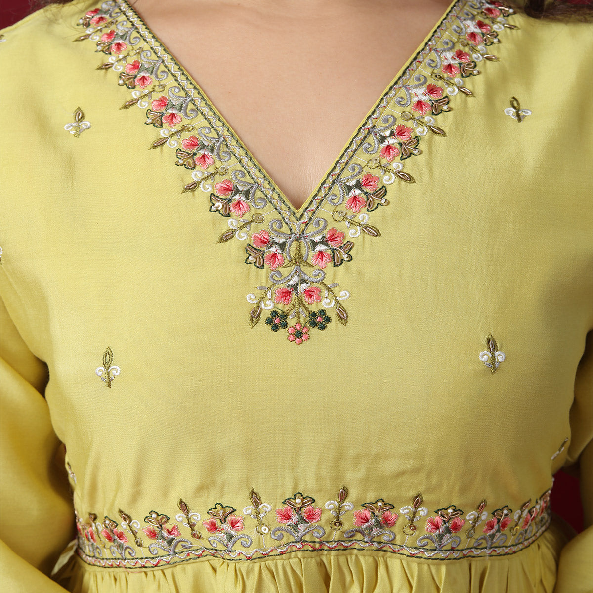 Lemon Green Floral Embroidered Pure Silk Anarkali Suit