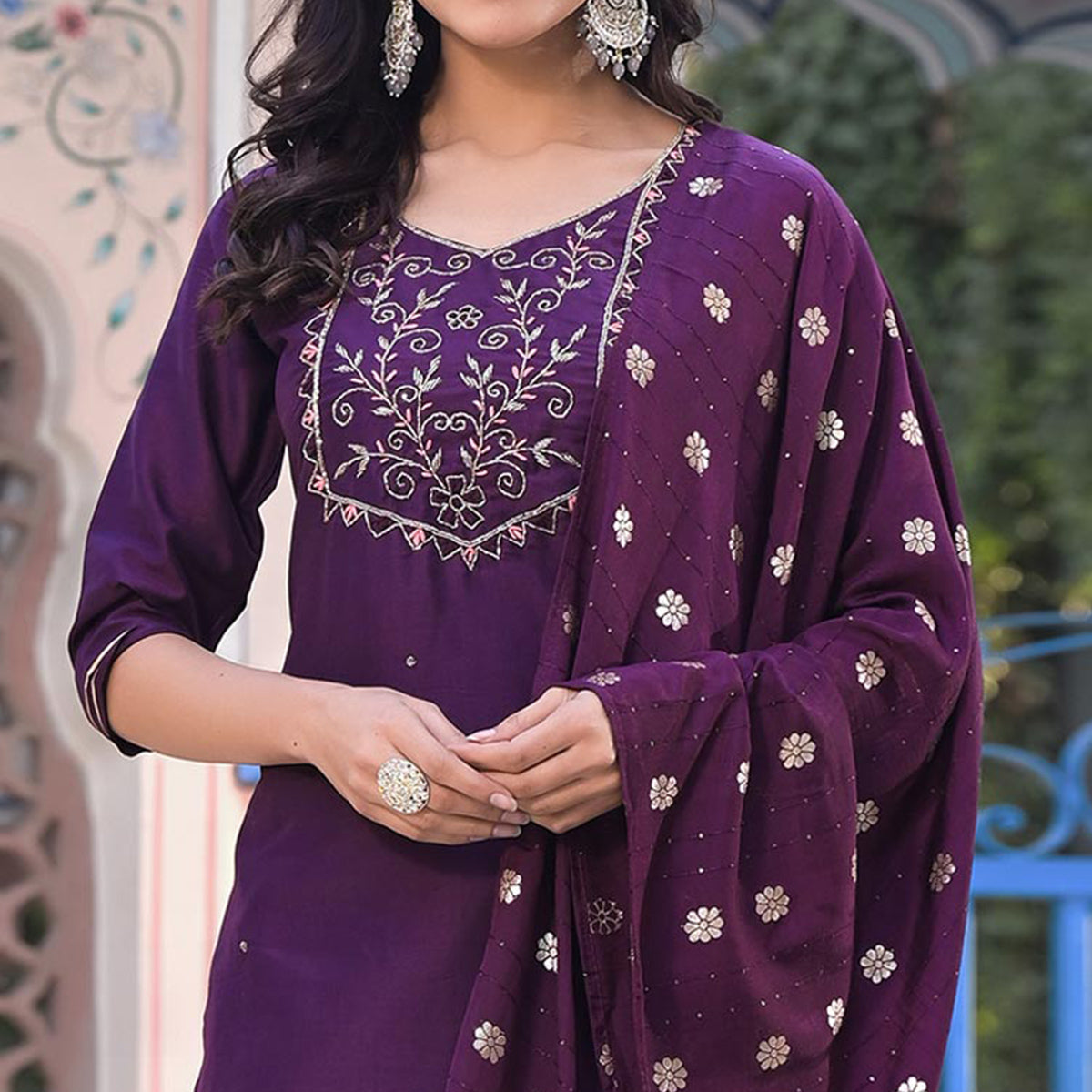 Wine Embroidered Chinon Salwar Suit With Handcrafted