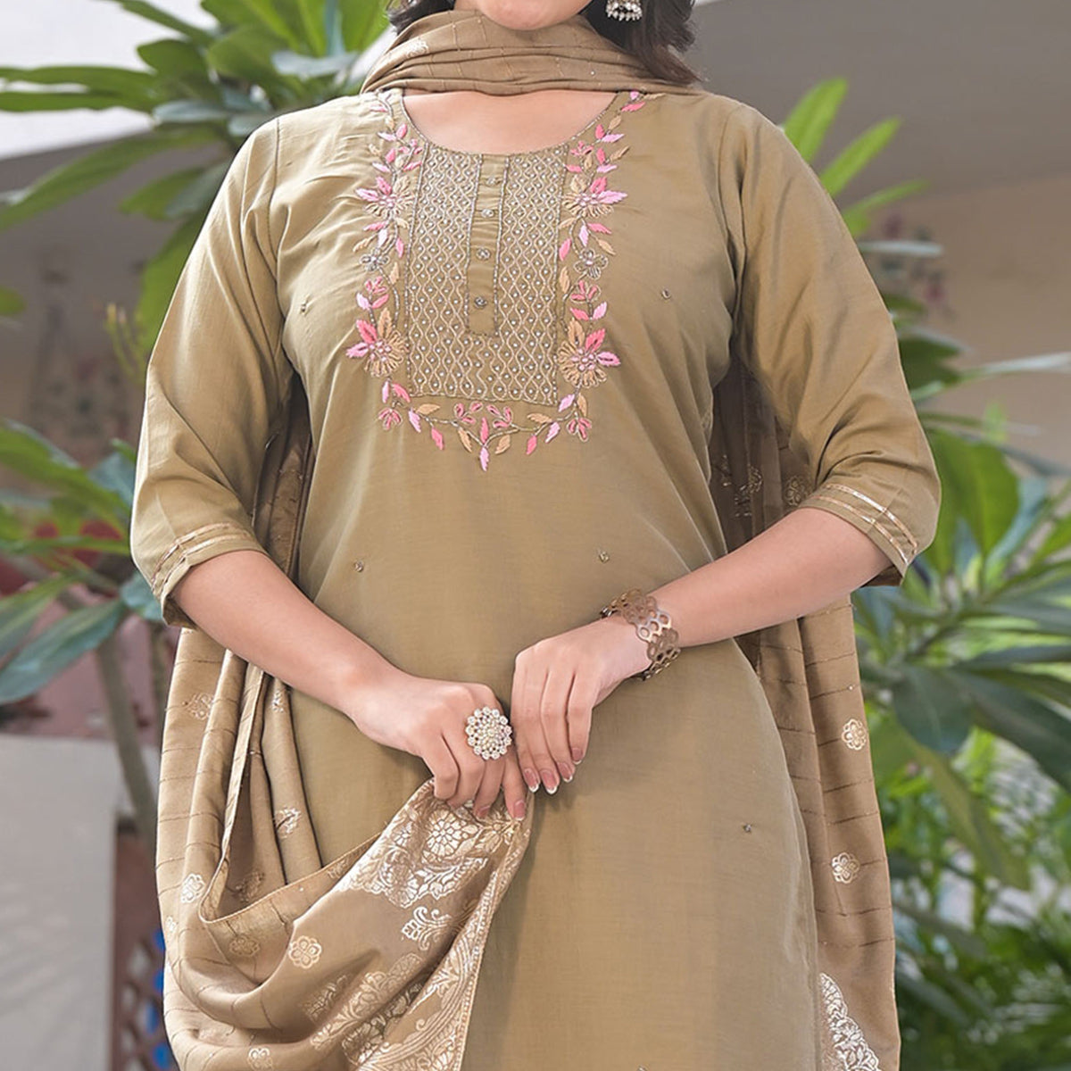 Chikoo Embroidered Chinon Salwar Suit With Handwork