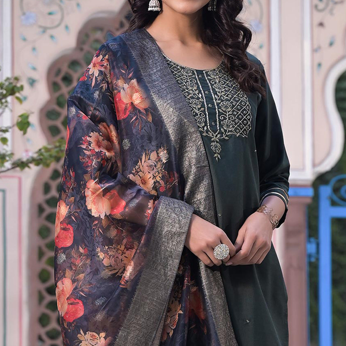 Grey Embroidered Dola Silk Straight Cut Salwar Suit