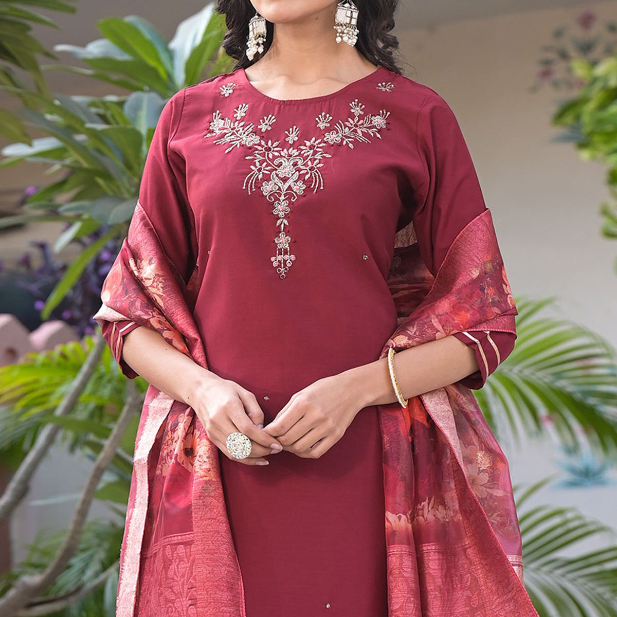 Maroon Embroidered Dola Silk Straight Cut Salwar Suit