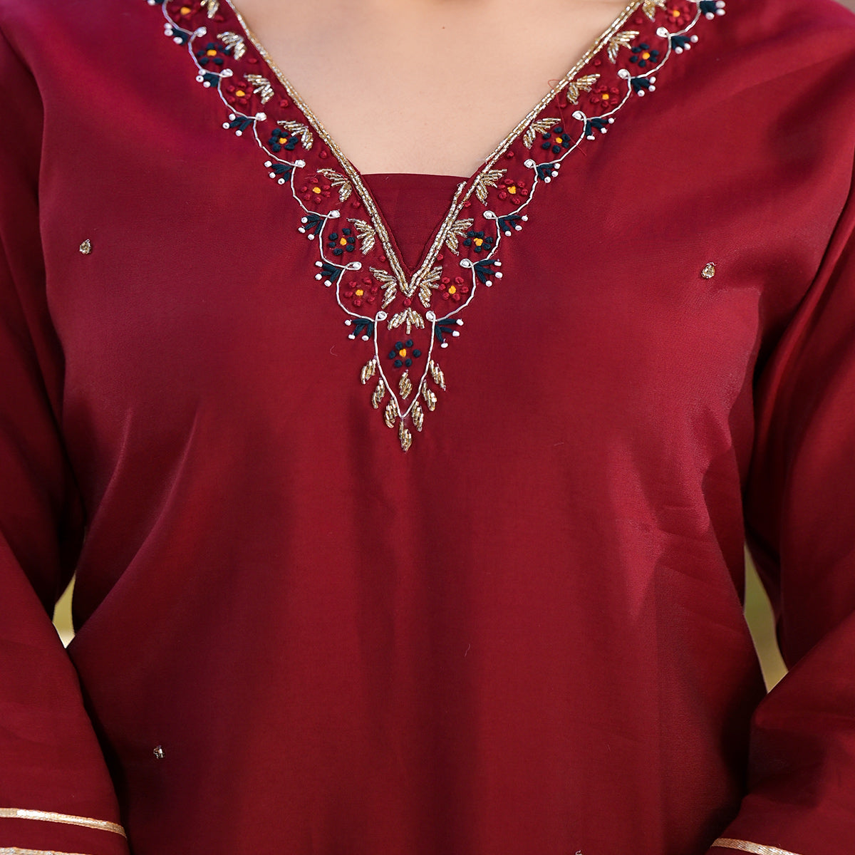 Maroon Embroidered Pure Silk Straight Salwar Suit