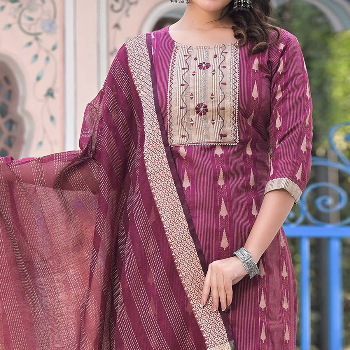 Wine Woven Pure Cotton Straight Salwar Suit