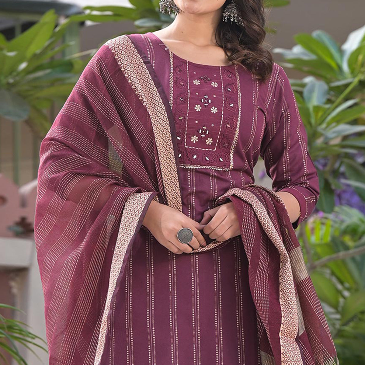 Wine Woven Pure Cotton Straight Salwar Suit