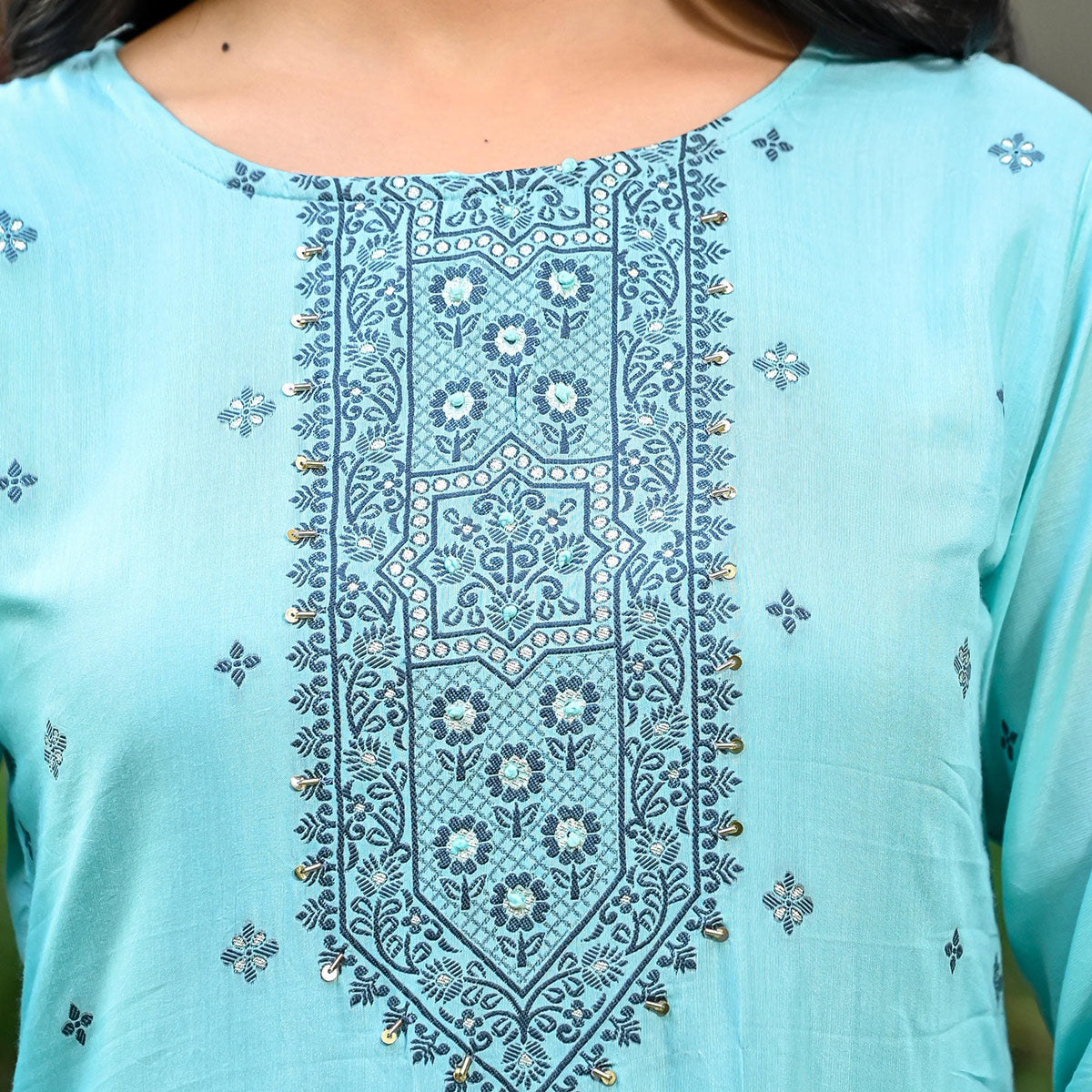 Turquoise Floral Woven Viscose Salwar Suit