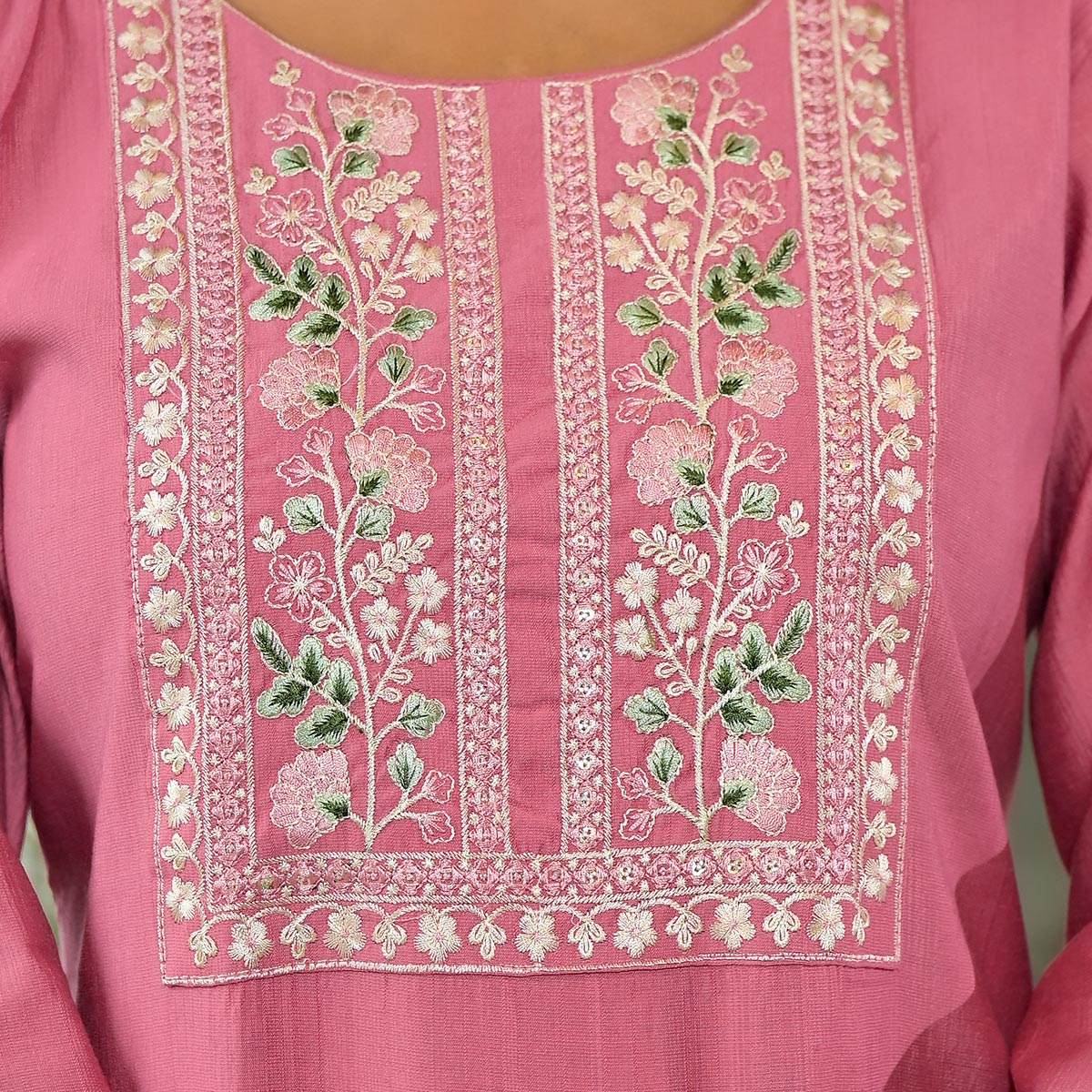 Pink Yoke Embroidered Viscose Straight Kurti