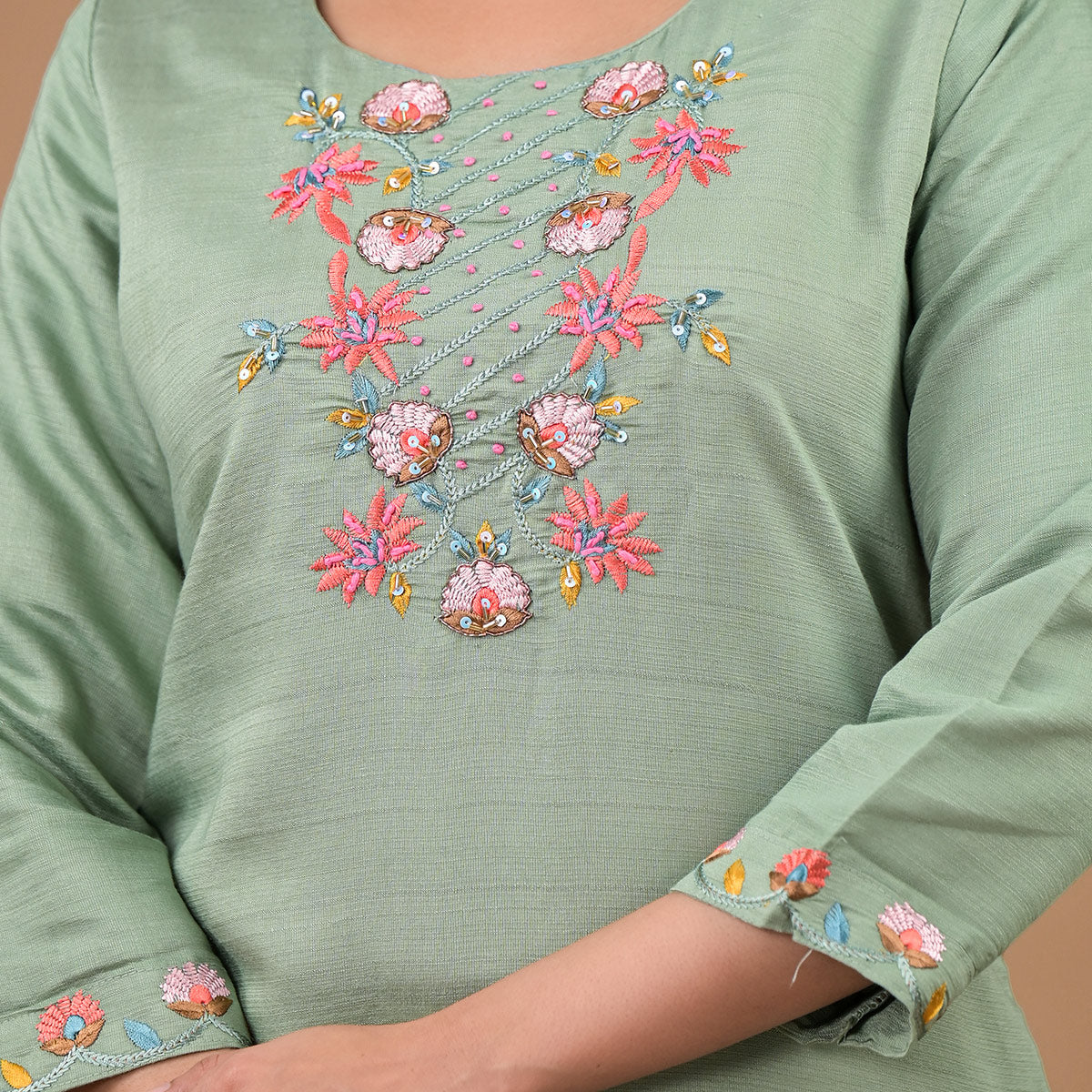 Mint Green Yoke Embroidered Viscose Straight Kurti