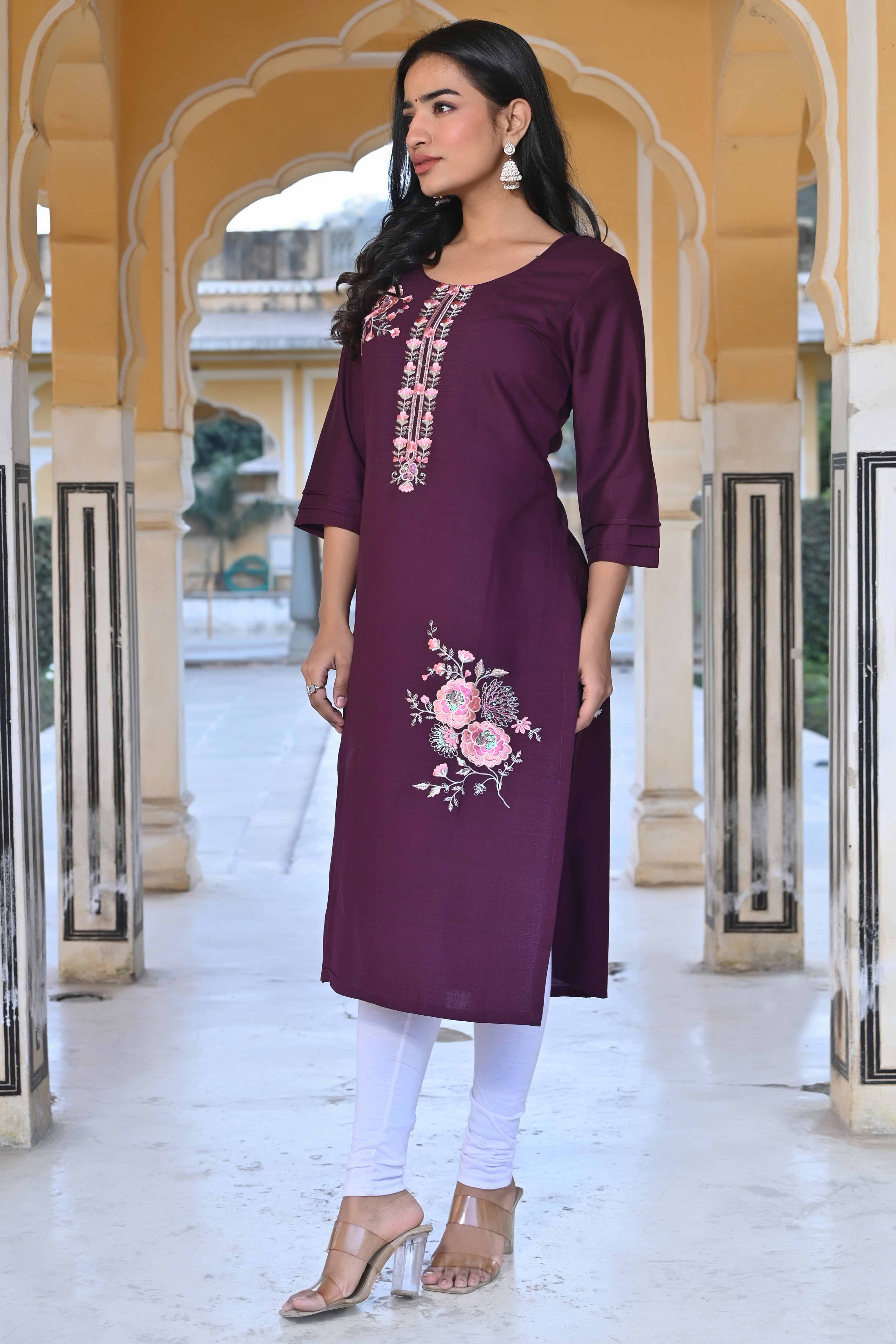 Purple Floral Embroidered Viscose Straight Kurti