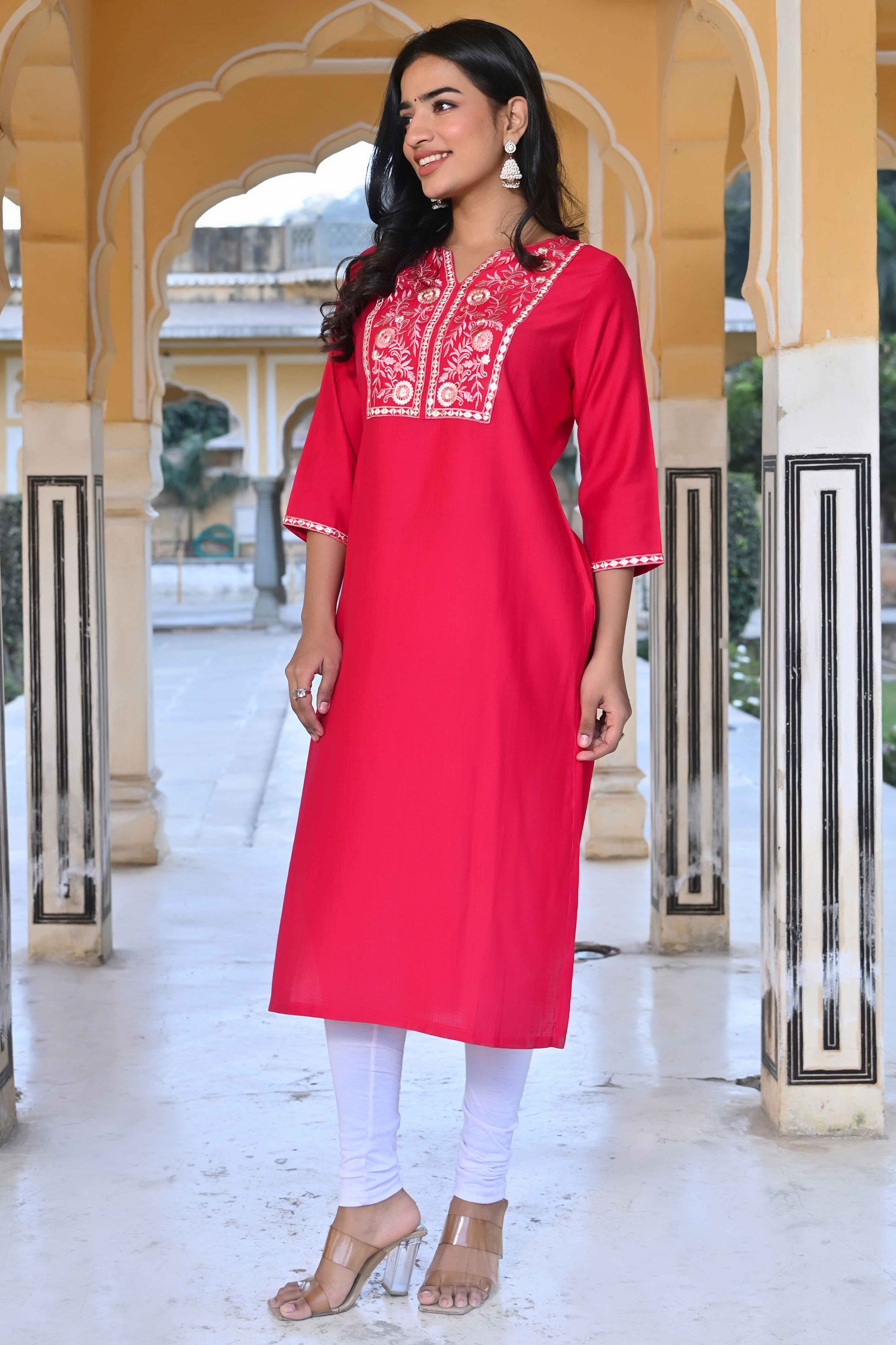 Pink Yoke Embroidered Pure Cotton Straight Kurti