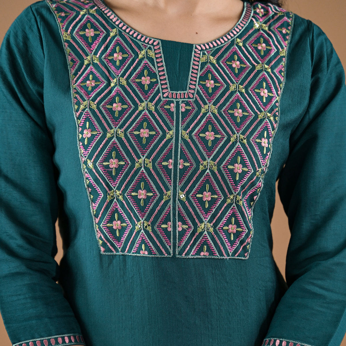 Green Yoke Embroidered Pure Cotton Straight Kurti